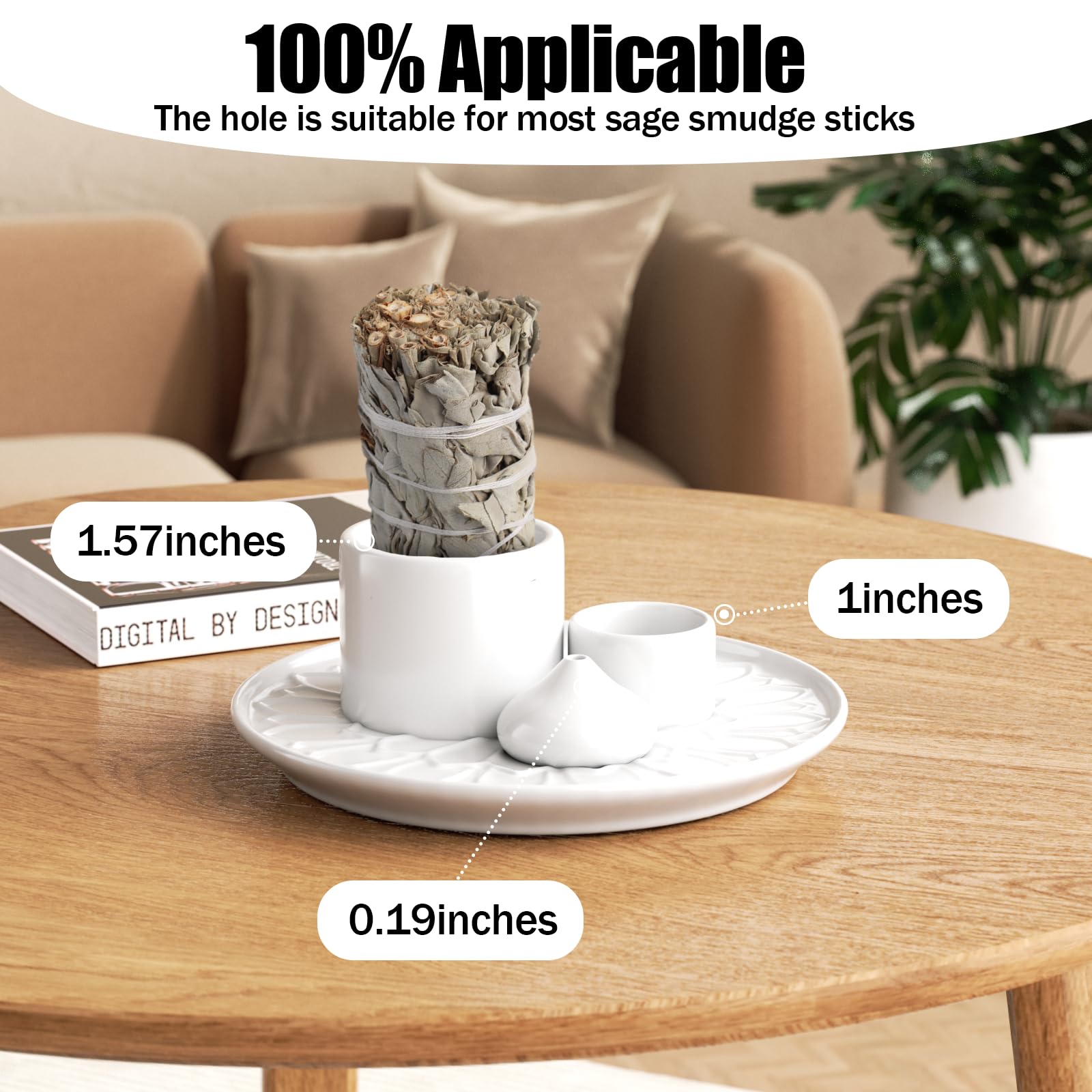 Palo Santo Holder - 4 in 1 Ceramic Incense & Candle Holder with Ash Catcher Tray - Meditation Room Decor for Yoga, Aromatherapy & Spiritual Healing - Easy Clean White Home Accessory