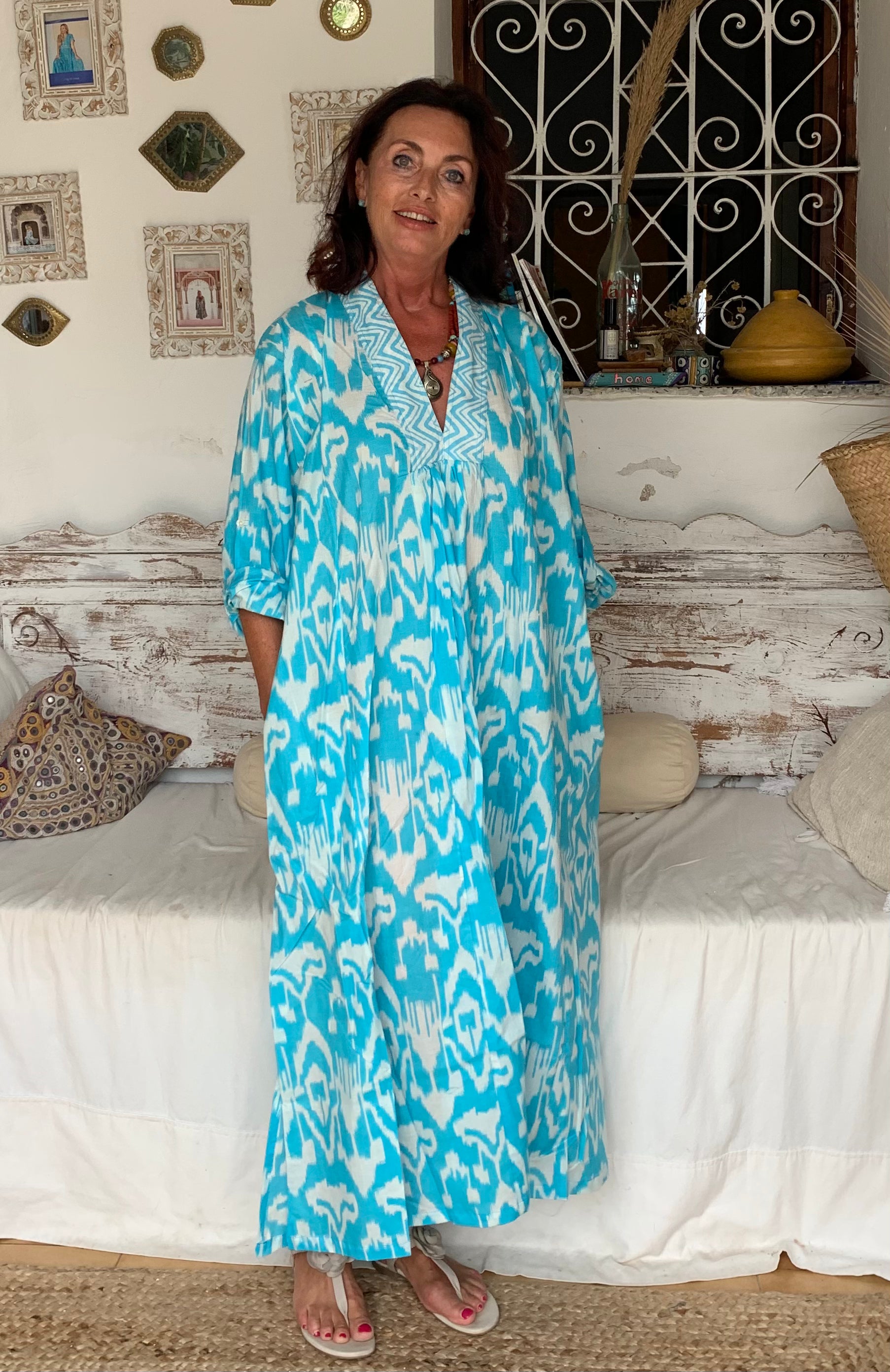 Bohemian Turquoise and White Ikat Print Long Tunic - Flowy Boho Chic Blouse for Women | Perfect for Beach Vacations, Music Festivals & Casual Summer Outfits