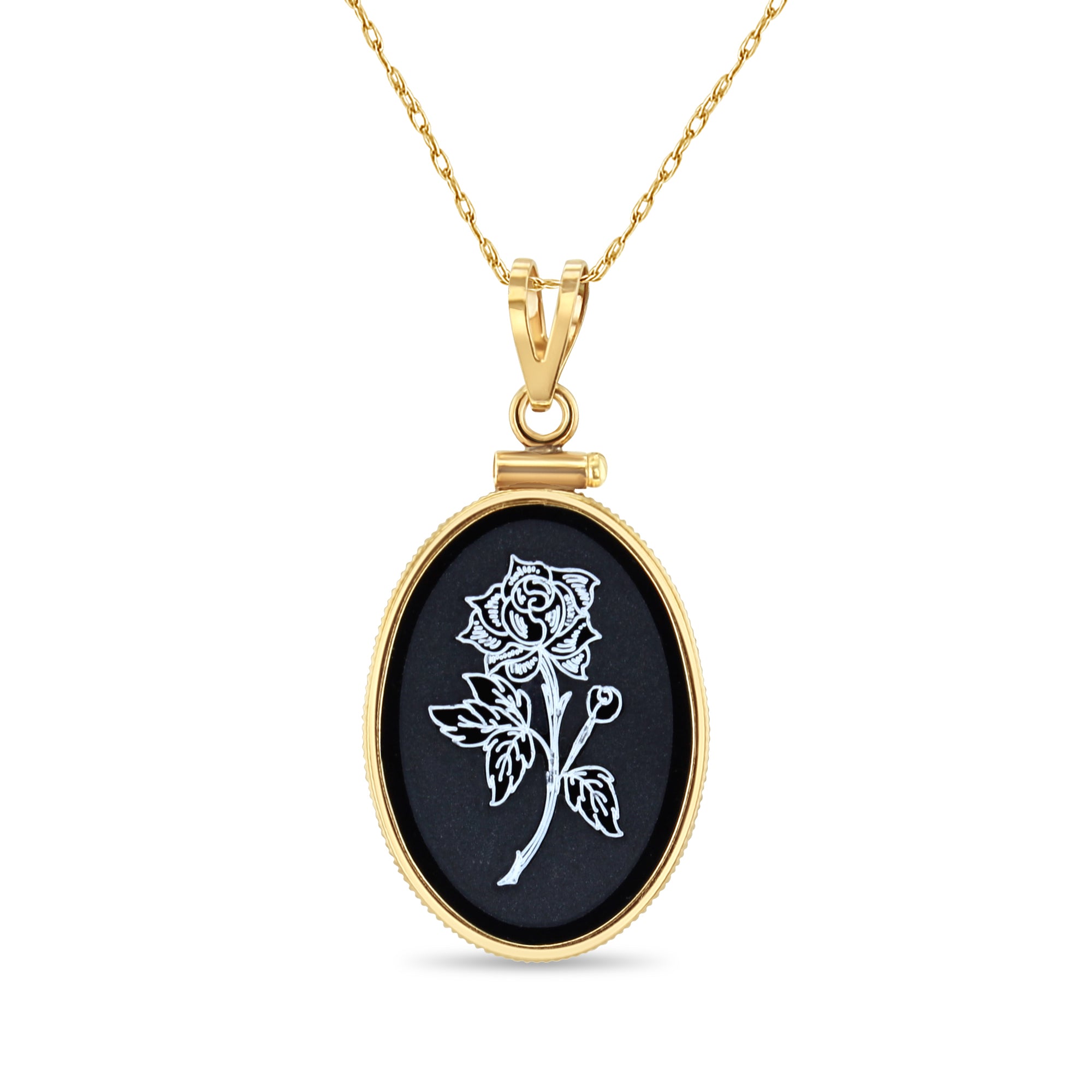 Black Onyx Rose Flower Etched Oval Pendant Necklace - Elegant Jewelry for Women, Perfect Gift for Valentine's Day, Anniversary & Special Occasions