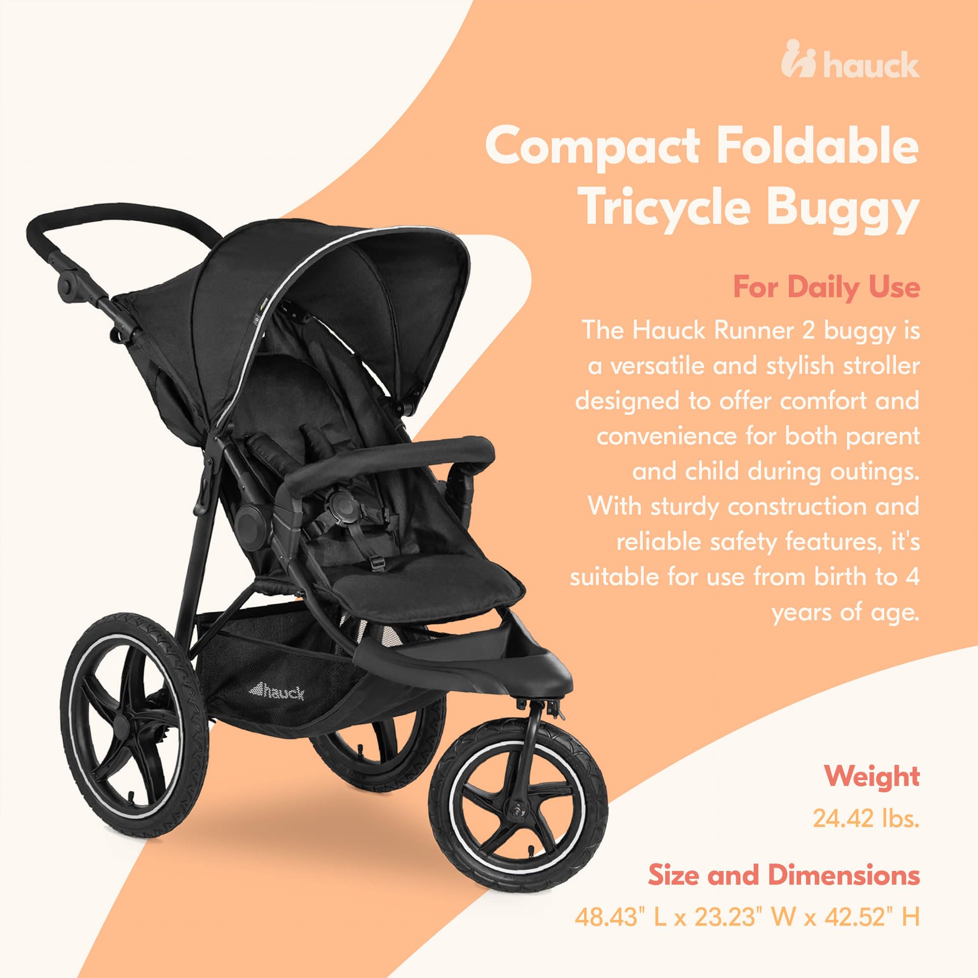 Hauck Runner 2 All-Terrain Jogging Stroller for Baby & Toddler - Lightweight Running Stroller with Shock Absorption (Black) - Perfect for Outdoor Adventures, Park Runs & Active Parents
