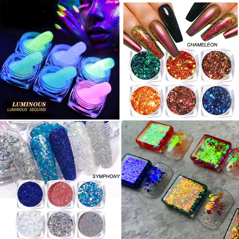 6pcs Glitter Laser Flakes Nail Art Set - Holographic Nail Decorations for DIY Manicure, Party & Special Occasion Nail Designs