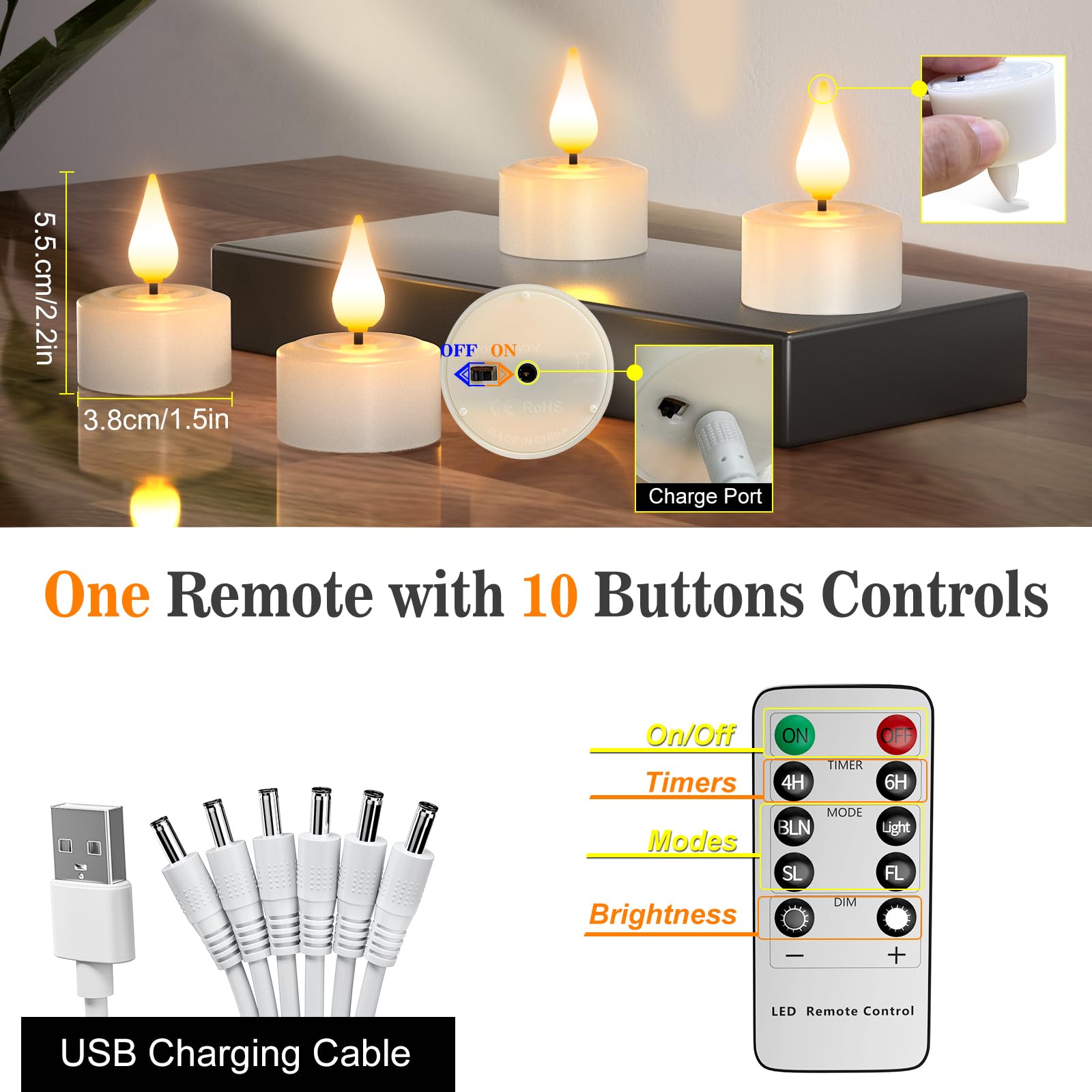 Ymenow 12 Pack Rechargeable Electric Candles with Remote & Timer - Flameless Flickering LED Candles for Home Decor, Weddings, Parties - Battery Operated Fake Candles in Warm White with 3D Wick - Perfect for Romantic Dinners, Holiday Centerpieces & Cozy Ambiance