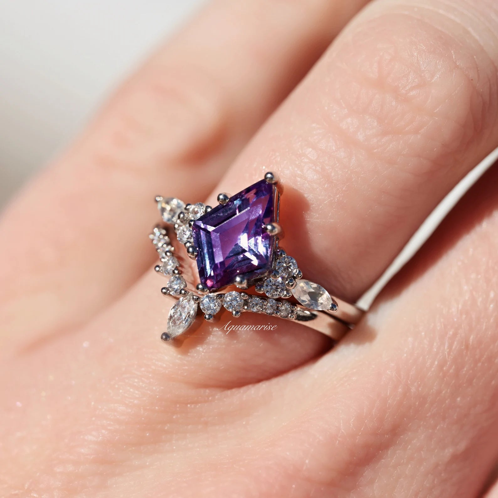 Skye Kite™ Alexandrite & Moonstone Engagement Ring Set in 14K White Gold - Perfect for Proposals, Anniversaries & Bridal Jewelry Gifts