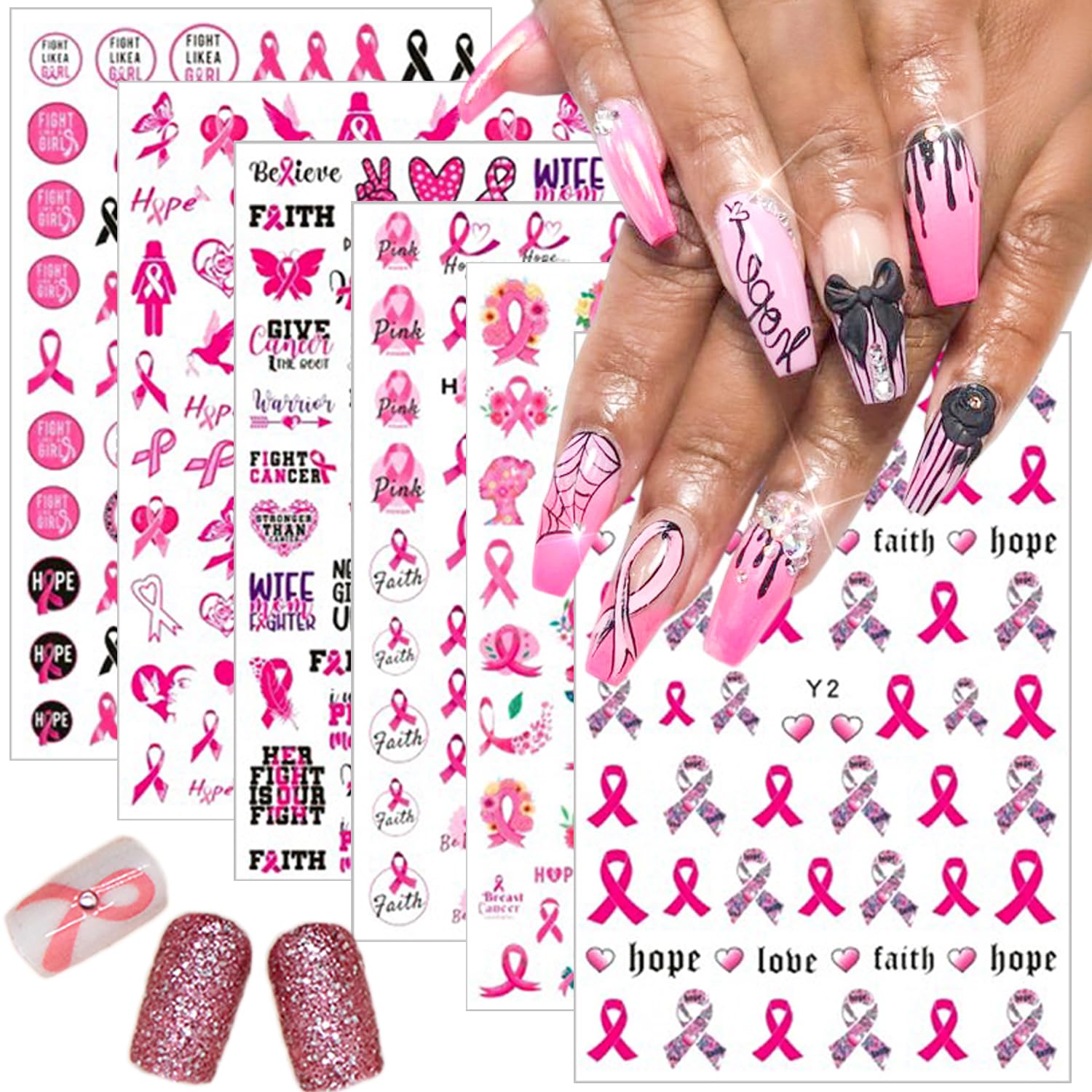 **6 Sheets Breast Cancer Awareness Nail Stickers - 3D Self-Adhesive Pink Ribbon, Love Heart & Letter Nail Art Decals for Women, DIY Nail Design Supplies | Perfect for Fundraisers, Awareness Events & Nail Art Enthusiasts**
