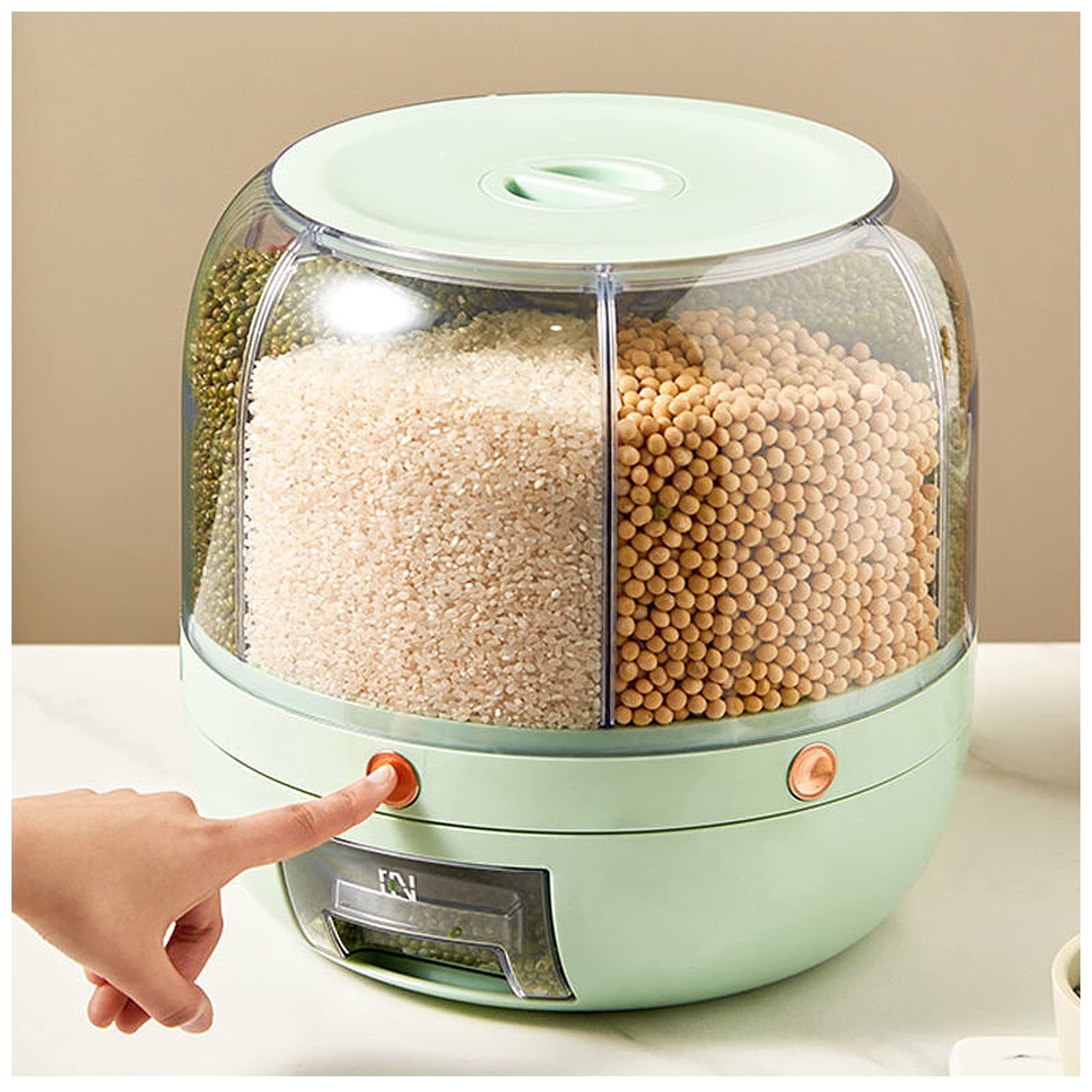 QMMD 22LB Rice Dispenser & Dry Food Storage Container - 6-Grid Rotatable Airtight Grain Bucket for Rice, Cereal, Pasta, Dried Fruits - Perfect for Kitchen Pantry Organization & Insect-Proof Food Preservation