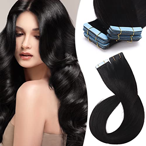 Premium Remy Human Hair Tape-in Extensions - 20Pcs 20 Inch Straight Seamless Skin Weft (#01 Jet Black) | Double Sided Invisible Tape | Natural Looking Hair Extensions for Volume & Length | Perfect for Daily Wear, Special Occasions & Styling