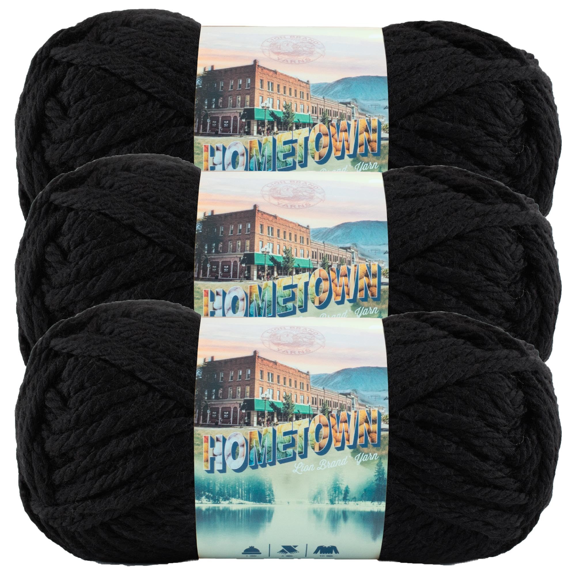 Lion Brand Yarn Hometown Yarn - Super Bulky 6 Weight Yarn for Knitting, Crocheting & Crafting - 3 Pack Oakland Black - Perfect for Blankets, Scarves & Winter Accessories