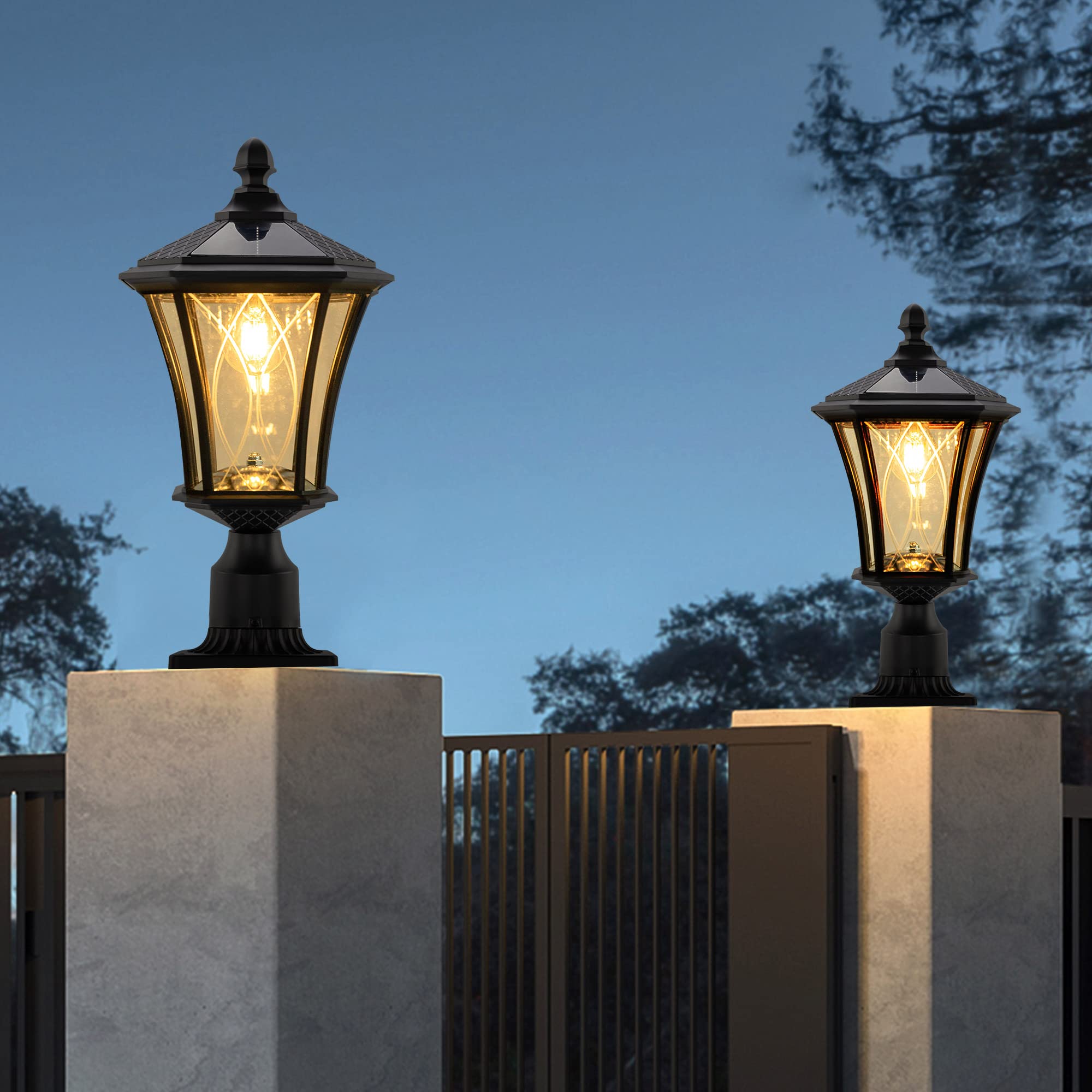 LUTEC Black Solar Powered Outdoor Post Light with Pier Mount Base - Dusk to Dawn Waterproof Pole Light with Patterned Glass - Energy Efficient Solar Fence Light for Garden, Pathway, Driveway & Yard Decoration