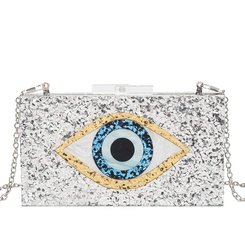 LETODE Women's Evil Eye Acrylic Clutch Purse - Glitter Evening Bag with Chain, Shoulder & Crossbody Strap for Parties, Weddings & Special Occasions