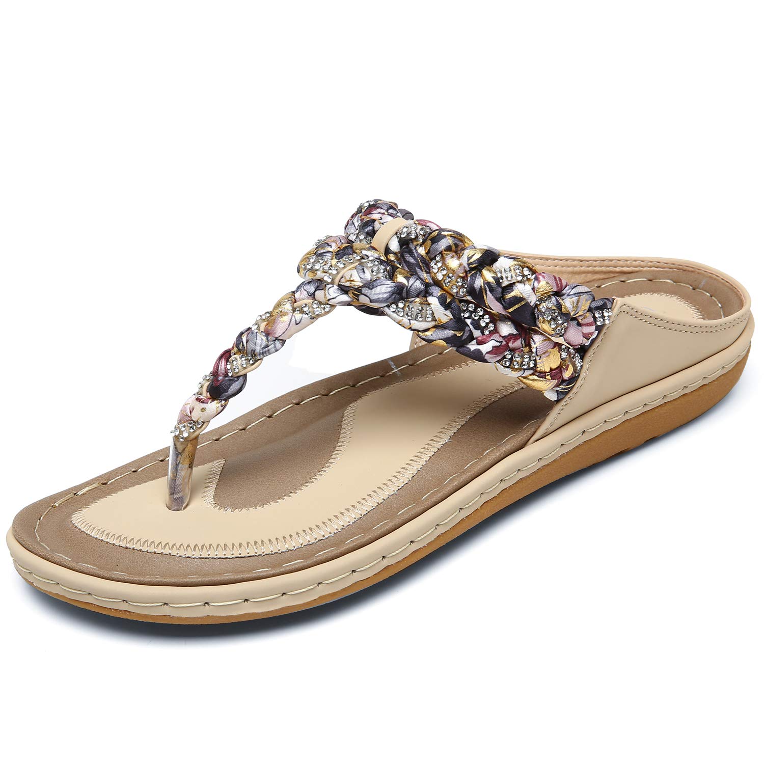 Katliu Women's Bohemian Rhinestone Flat Sandals - Comfortable Summer Beach Sandals for Outdoor Walking, Vacation & Casual Wear