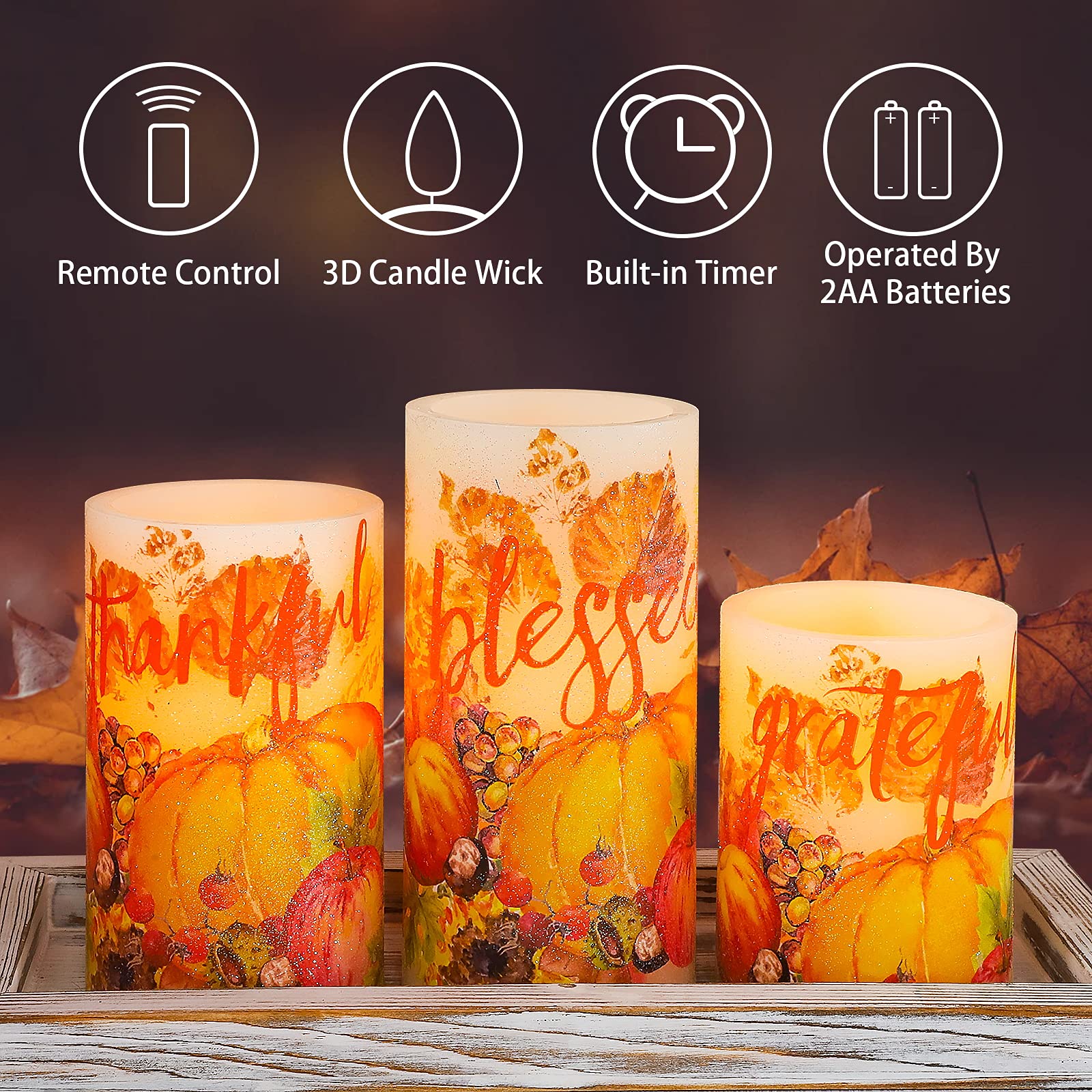 Flameless LED Candles with Remote - Fall Decor for Thanksgiving & Halloween