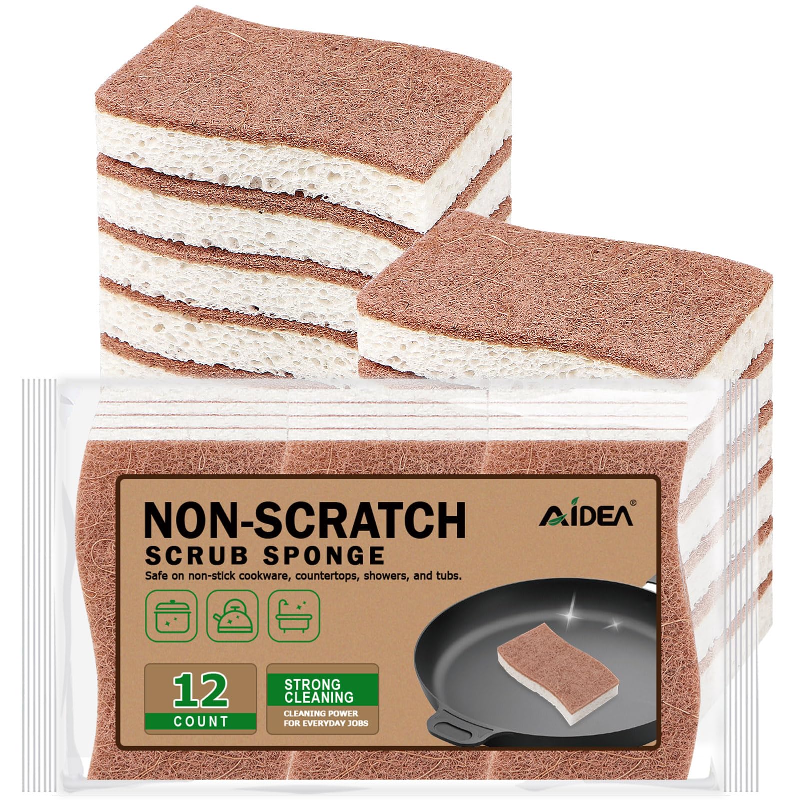 AIDEA Non-Scratch Sponge 12-Pack - Safe for Non-Stick Cookware & Dishes - Kitchen & Bath Cleaning