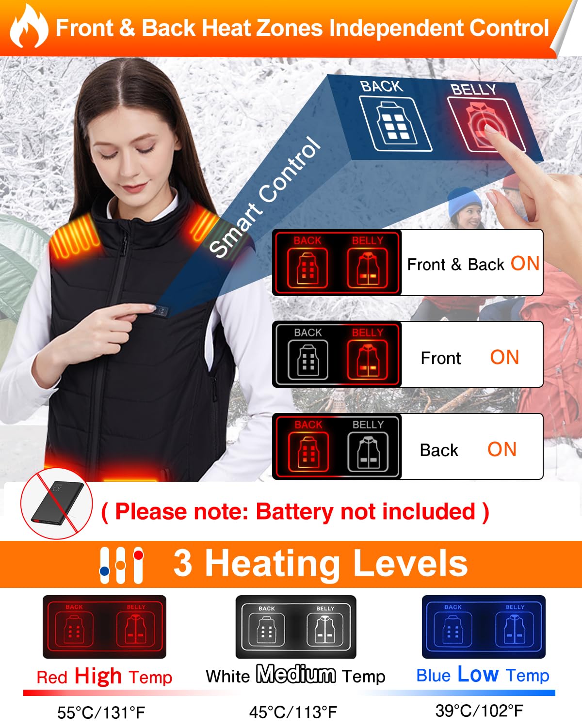 Electric Heated Vest for Women & Men - 11 Heat Zones USB Rechargeable Warming Vest | Winter Outdoor Activities, Hiking, Camping, Skiing