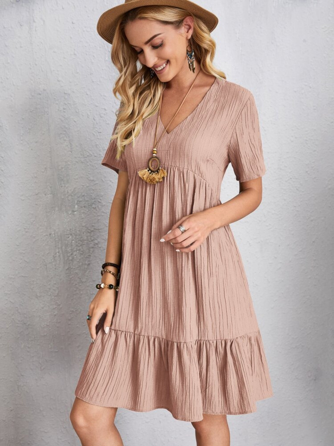 Women's Full Size V-Neck Short Sleeve Beach Dress - Flowy Summer Sundress for Vacation, Pool Party & Casual Outings