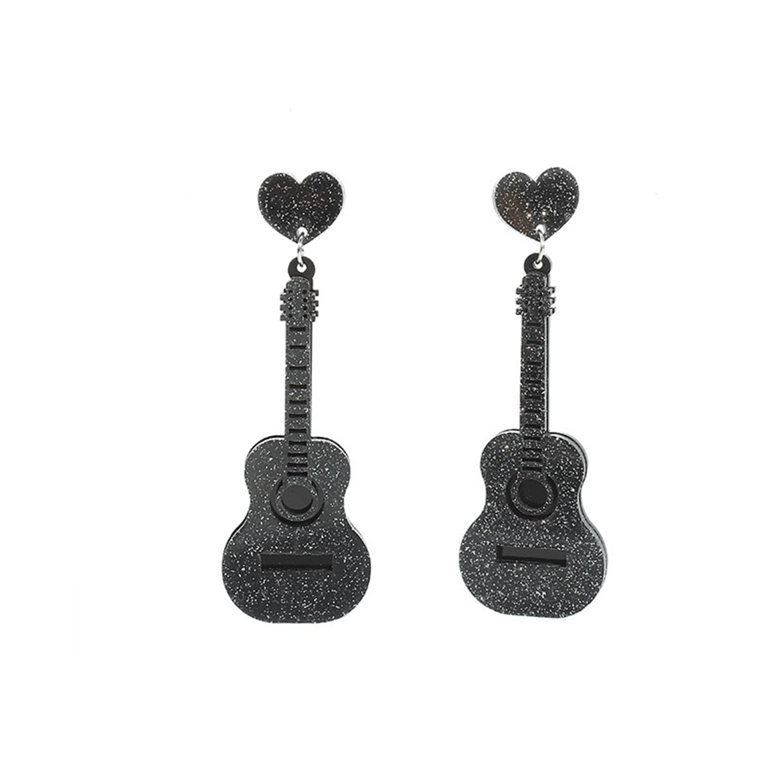 Acrylic Glitter Pink Guitar Dangle Earrings with Heart - Retro Punk Music Drop Earrings for Women & Girls | Perfect for Concerts, Music Festivals & Rock Band Performances
