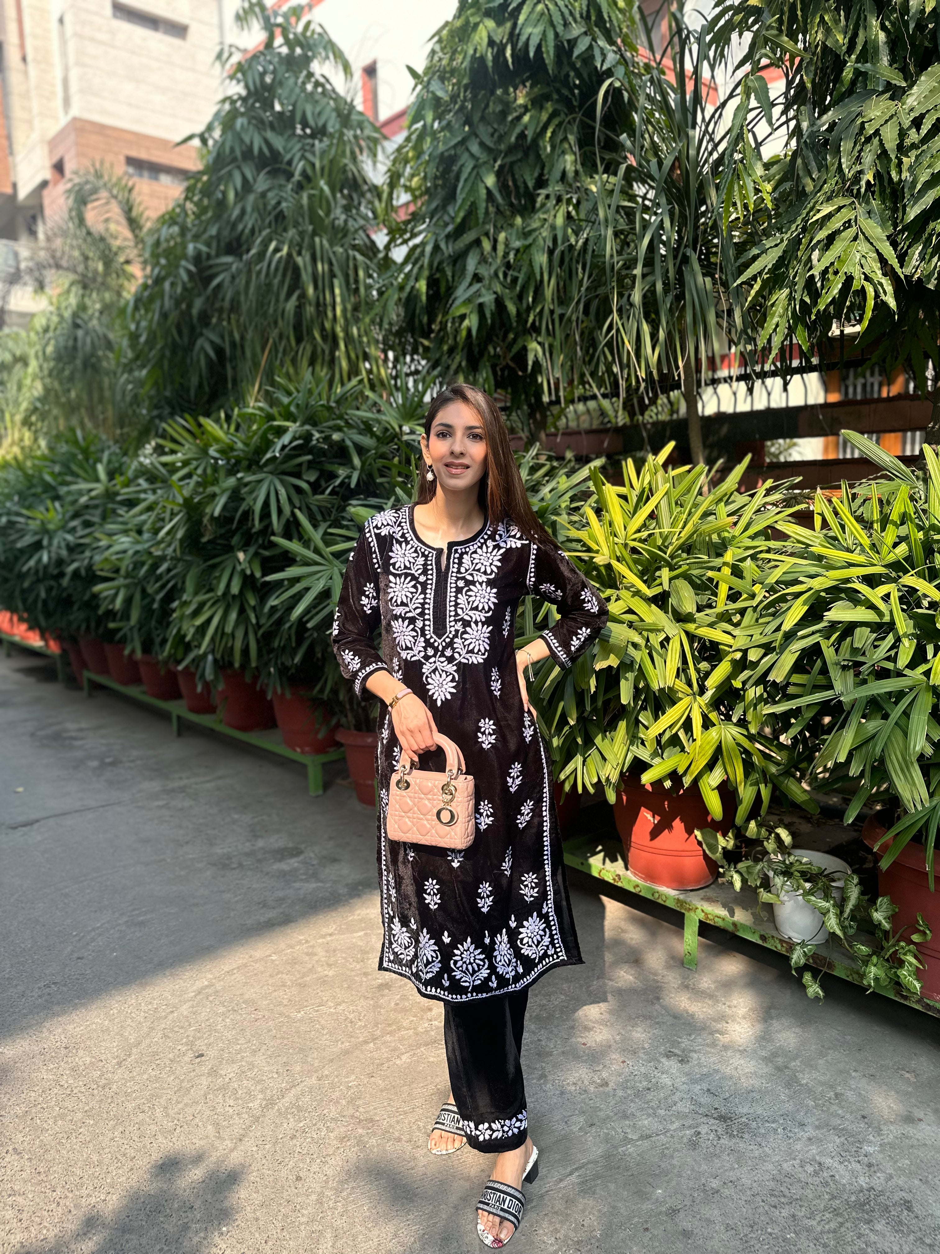 Elegant Black Velvet Chikankari Kurta Set for Women | Traditional Indian Embroidered Dress | Perfect for Festivals, Weddings & Special Occasions