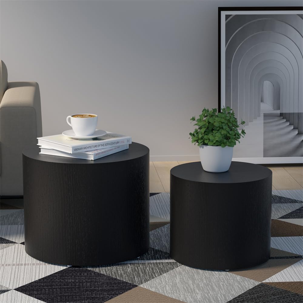 Modern Drum Nesting Coffee Table Set of 2 - Round MDF Side & End Tables for Living Room, Office, Bedroom - Space-Saving, No Assembly Required in Matte Black - Perfect for Small Spaces & Home Decor