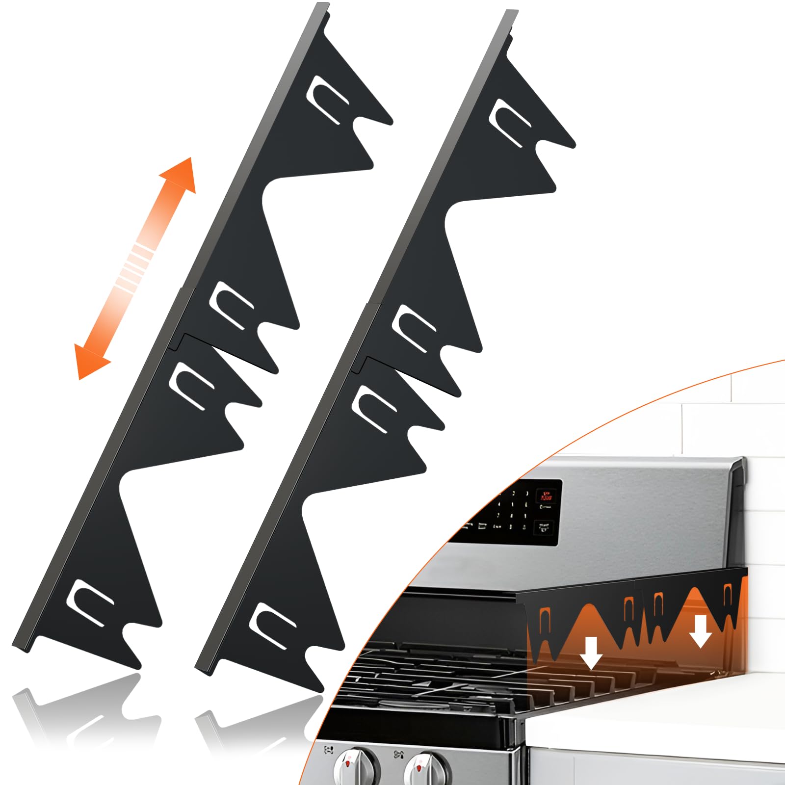 Stainless Steel Stove Gap Covers (2PCS) - Adjustable Range Gap Filler for Kitchen Oven, Heat Resistant Stove Guard Trim Kit (13.8''-27.5'') - Easy Clean Black Countertop Protector for Safe Cooking & Spill Prevention