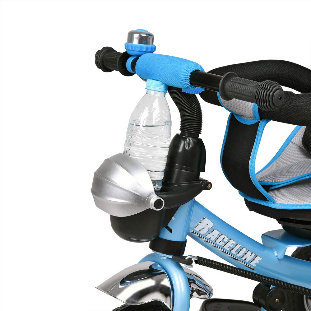 Spielwerk® Blue Kids Tricycle with Safety Belt, Push Rod, Adjustable Footrest, Canopy & Removable Basket - Toddler Trike Bike Stroller for Boys & Girls | Outdoor Play, Park Rides, Backyard Fun