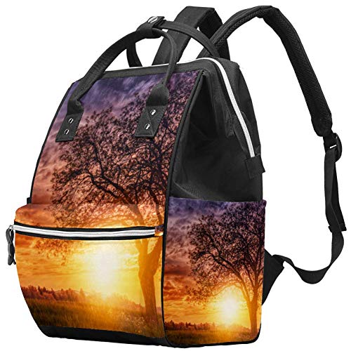 MAPOLO Large Capacity Diaper Backpack for Baby Care - Waterproof Travel Nappy Bag with Multiple Pockets, Insulated Bottle Holder & Changing Pad - Perfect for Parents, Moms & Dads on the Go (Sunset Nature Trees Design) - Ideal for Daycare, Travel, Hiking & Family Outings