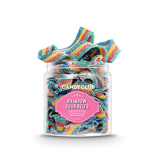Candy Club Gourmet Vegan Gummy Rainbow Sour Belts - Sweet & Chewy Fruit Strips Candy for Parties, Gifts, Snacks | 9oz Jar | Perfect for Candy Buffets, Movie Nights & Office Treats