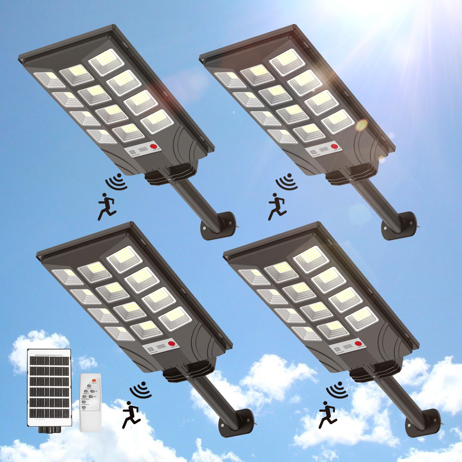 Kifflux 6500K Solar Powered Outdoor Lights with Motion Sensor - Waterproof LED Solar Street Lights for Parking Lot, Yard, Garden (4 Pack) - Perfect for Driveway, Pathway, Backyard & Patio Lighting - Enhance Home Security & Landscape Nighttime Illumination - Ideal for Energy Saving & Eco-Friendly Outdoor Use