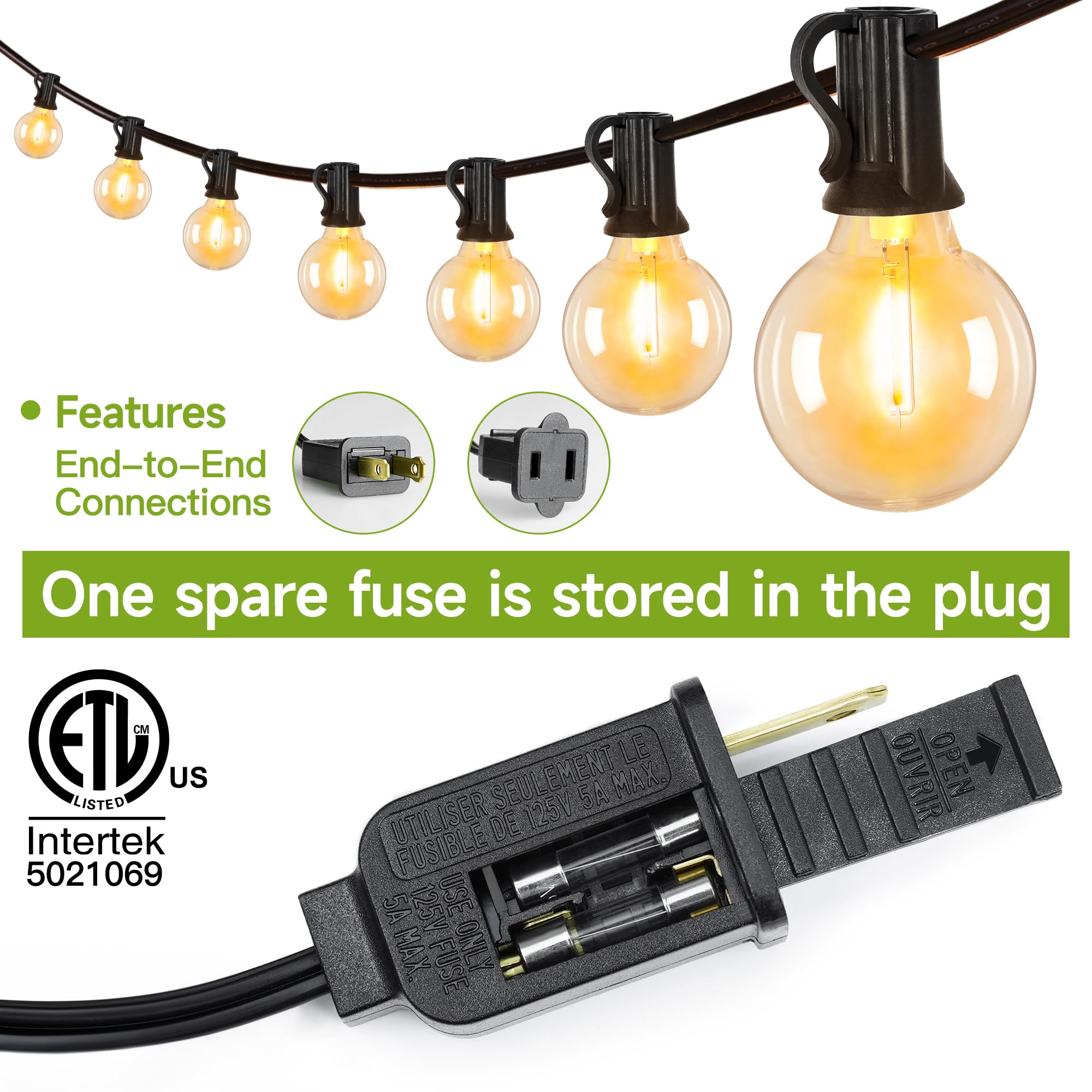 25Ft G40 String Lights - 13 Bulbs (1 Spare) Waterproof Shatterproof Connectable Outdoor Patio Lights for Backyard, Porch, Balcony, Garden, Deck - Perfect for Weddings, Parties & Holiday Decorations