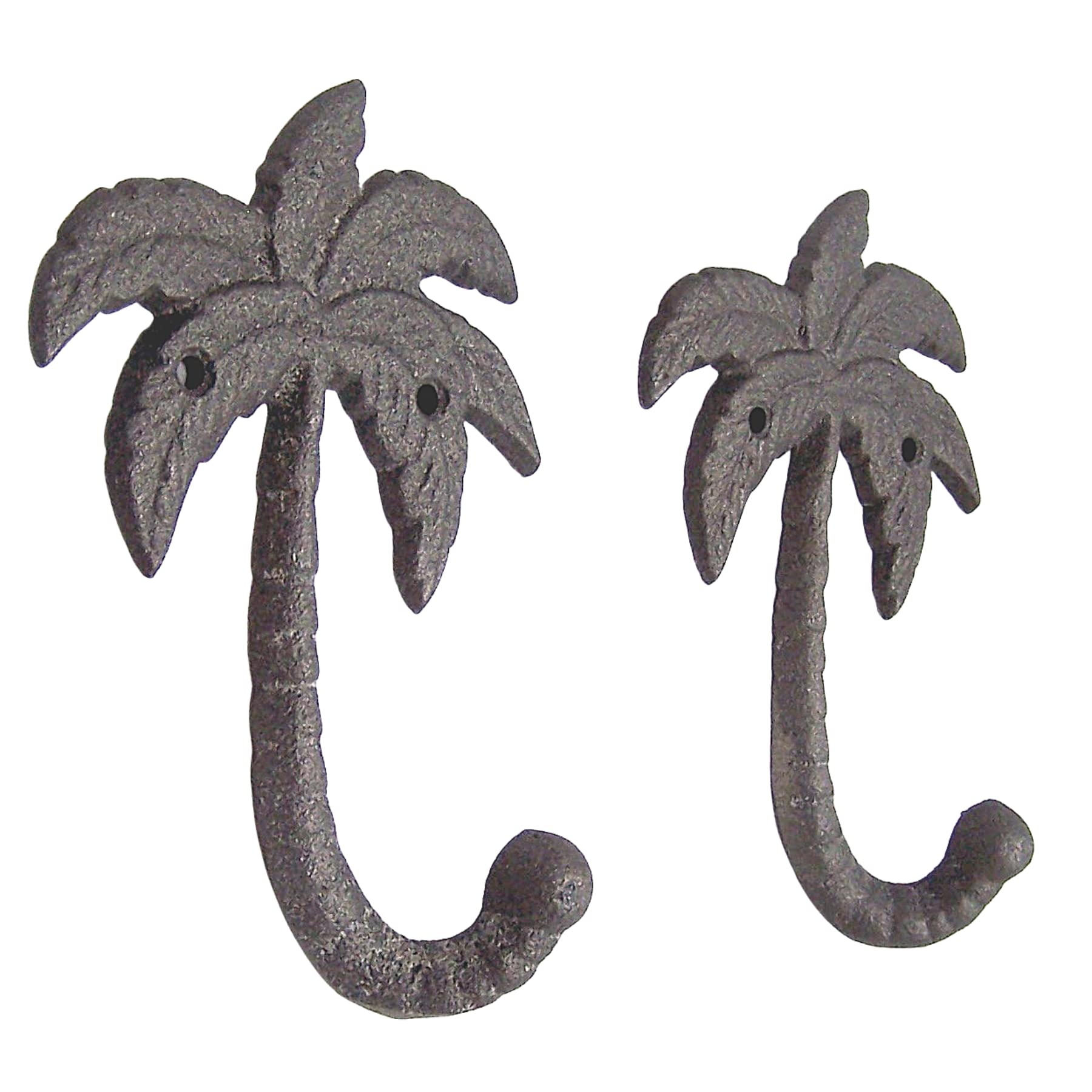 Palm Tree Cast Iron Wall Hooks - Set of 2 Gray Wall Mounted Hooks for Coats, Bags, Towels & Hats - 6.5 Inch Beach Themed Wall Decor - Perfect for Bathroom, Entryway & Coastal Home Decor