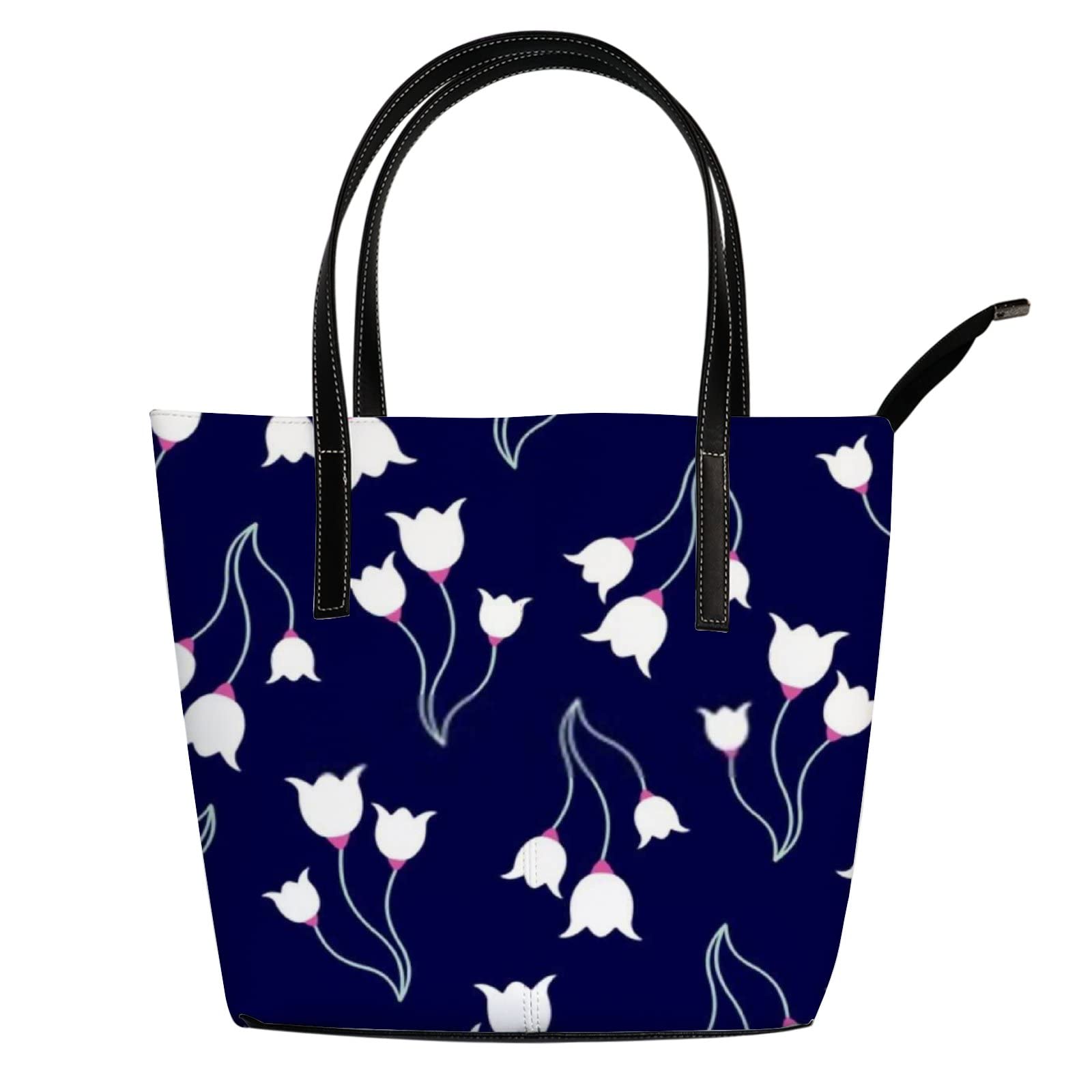 Vintage Navy Blue White Tulip Floral Leather Tote Bag for Women - Stylish Crossbody & Work Handbag with Zipper | Perfect for Office, Travel & Daily Use (Coach Inspired)