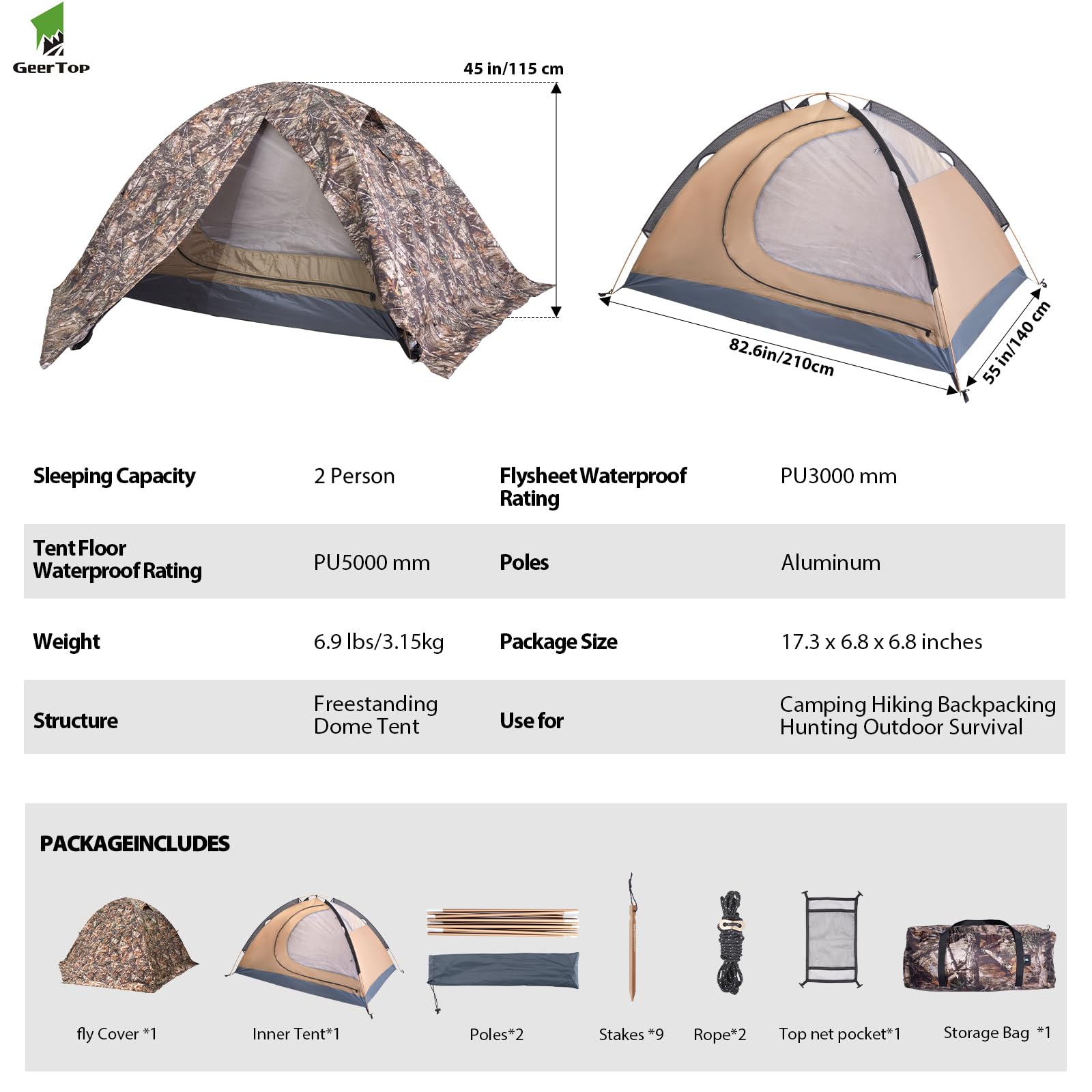 GEERTOP Ultralight 2 Person Backpacking Tent - 4 Season Waterproof Camping Tent with Double Layer for Cold Weather - Easy Setup for Family Camping, Hiking, Hunting & Mountaineering - Perfect for Outdoor Adventures and Travel