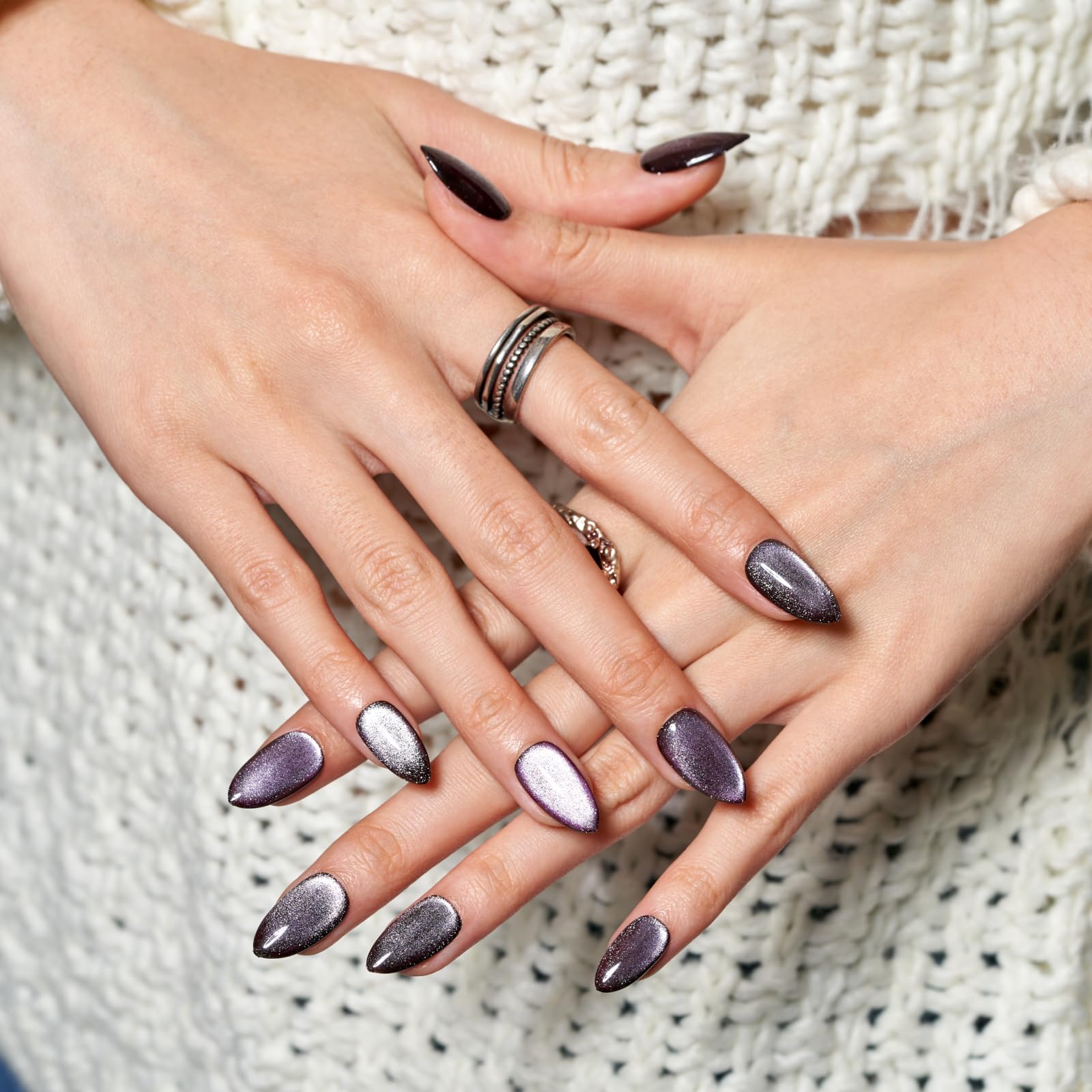 GLAMERMAID Black Aurora Magnetic Cat Eye Press-On Nails - Short Almond Shape Handmade Gel Fake Nails with Dark Ombre Crush Design, Glue-On Oval False Nails Set for Women | Glossy Glitter Stiletto Nails for Parties, Weddings & Special Occasions