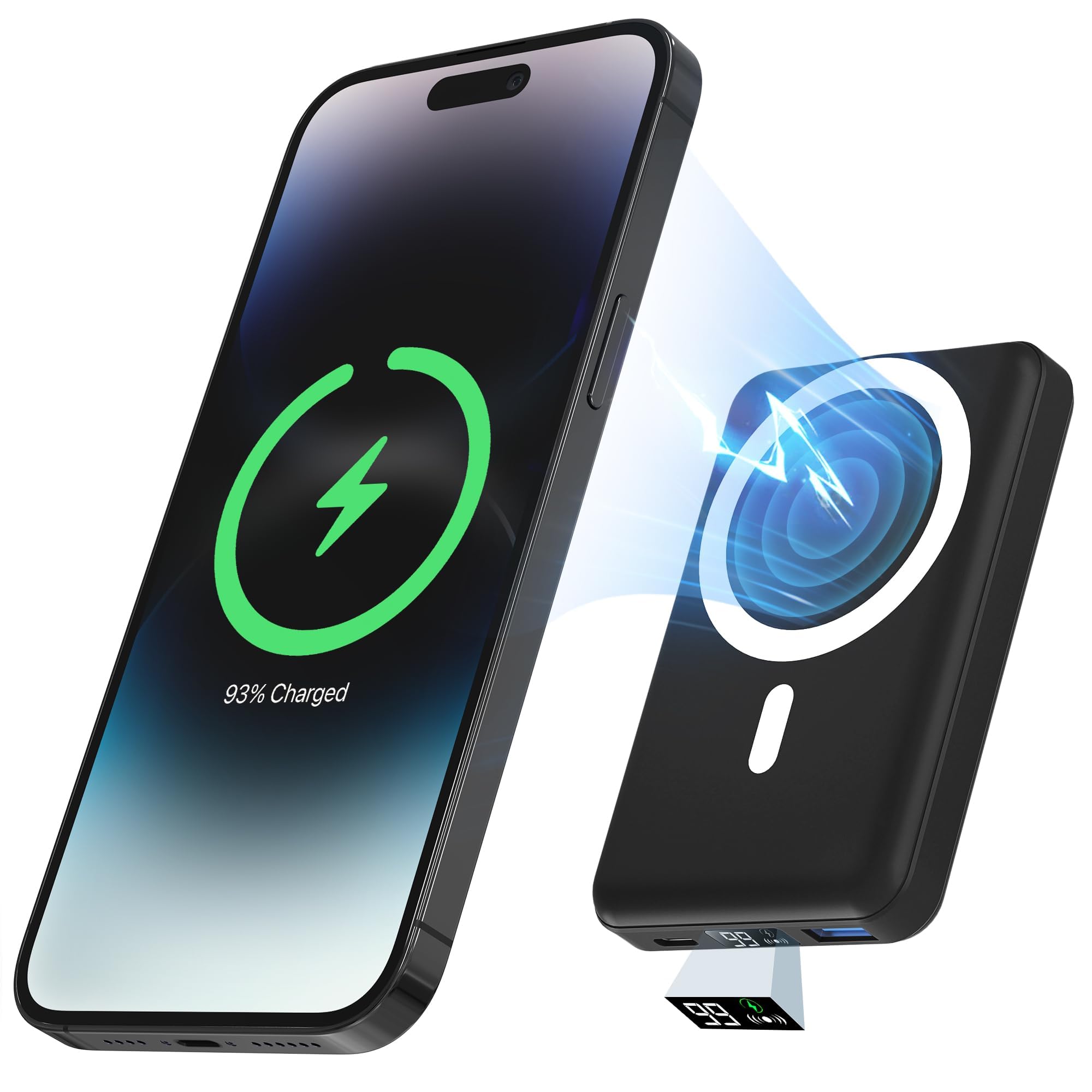 10000mAh Magsafe Battery Pack for iPhone 16/15/14/13/12 - 22.5W PD Fast Charging Wireless Portable Charger with Magnetic Power Bank, Type-C Cable & LED Display (Black) | Perfect for Travel, Work, and Outdoor Activities