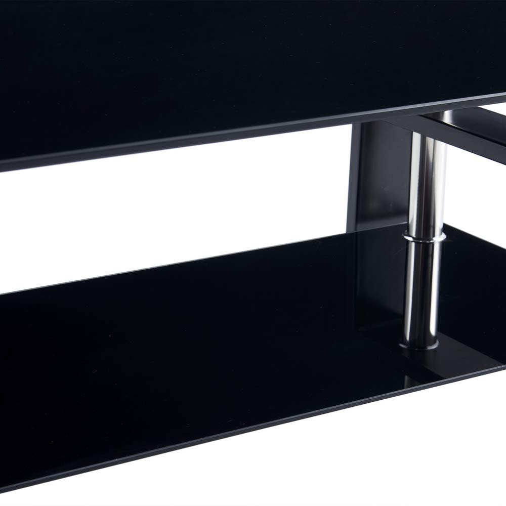 Modern Glass Coffee Table with Lower Shelf - Rectangle Tempered Glass Top & Stainless Steel Legs - Black Living Room Furniture for Home & Office Waiting Areas - Perfect for Lounge, Reception & Contemporary Spaces