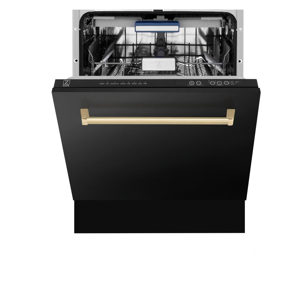 ZLINE Autograph Edition 36-inch Black Stainless Steel Dual Fuel Range Kitchen Package with Range Hood & Dishwasher - Champagne Bronze Accents (3AKP RABRHDWV36 CB) | Premium Kitchen Appliances for Modern Homes & Gourmet Cooking