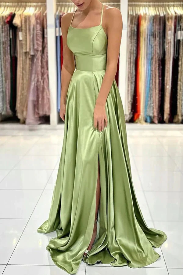 Elegant Sage Green Satin Prom Dress - A-Line Backless Evening Gown with Thigh High Slit | Perfect for Homecoming, Formal Dances & Special Occasions