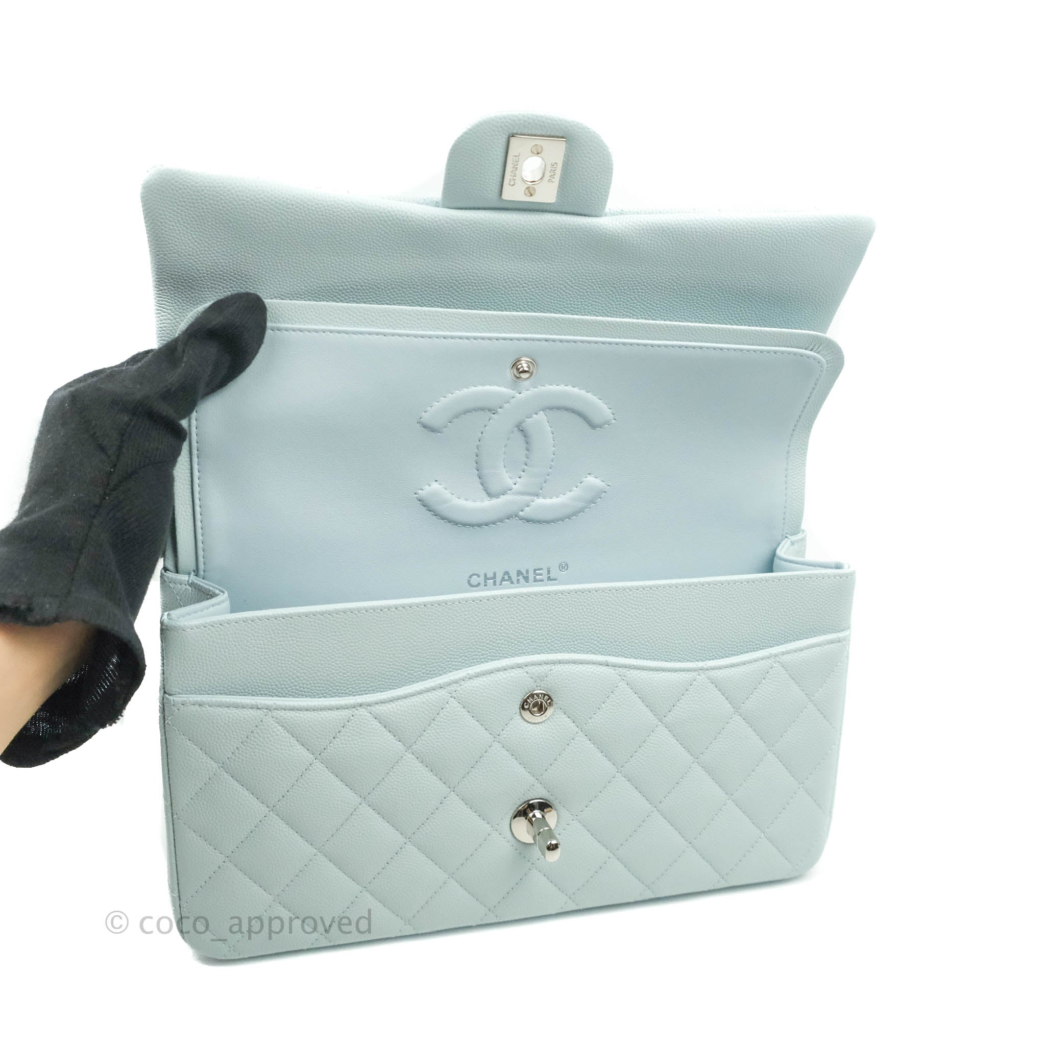 Chanel Classic M/L Medium Double Flap Bag in Blue Caviar Leather with Silver Hardware 21K Collection - Perfect for Luxury Fashion, Evening Events & Gift Giving