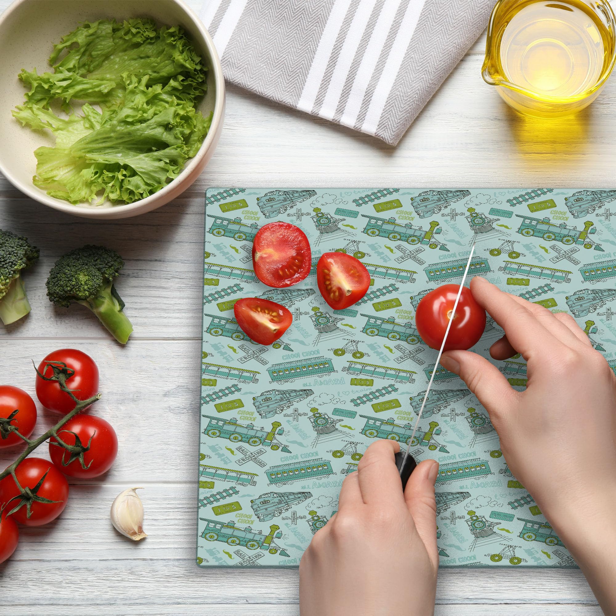 Ambesonne Vintage Train Themed Tempered Glass Cutting Board - Large Choo Choo Steam Engine Design with Number Signs, Apple Green Turquoise - Perfect for Kitchen Prep & Serving Cheese, Charcuterie