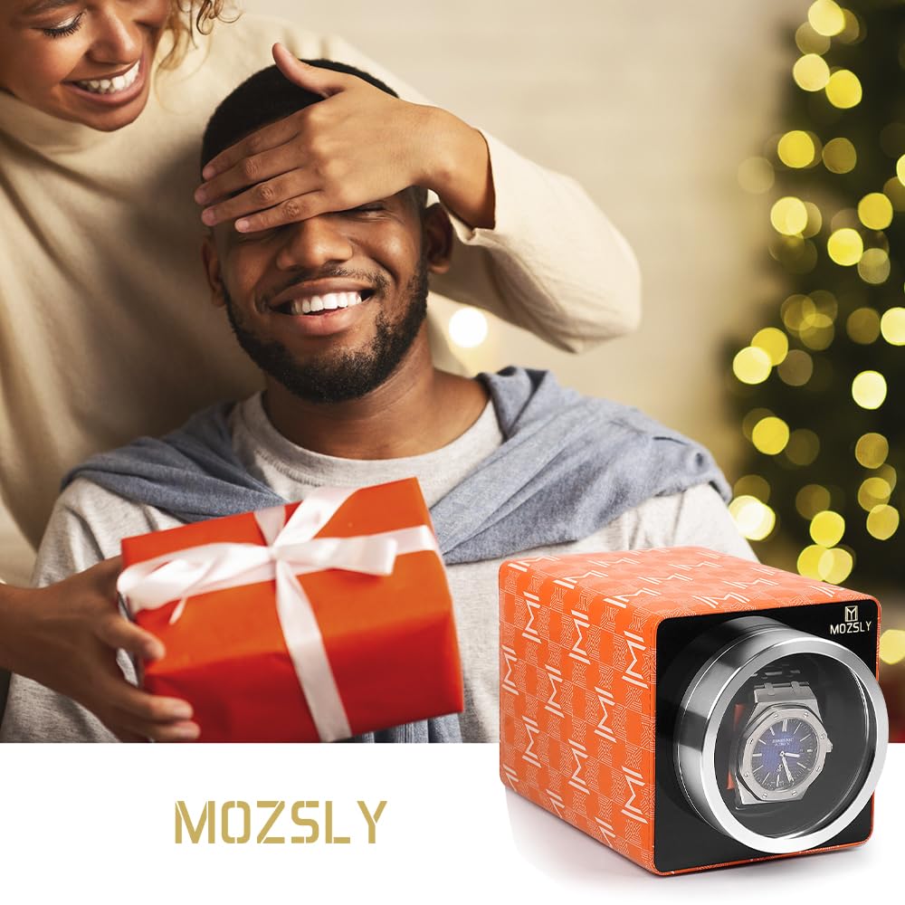 MOZSLY Single Watch Winder - Quiet Motor Automatic Watch Winder with 12 Rotation Modes & Genuine Leather Case - Perfect for Automatic Watch Storage & Display in Home, Office or Travel