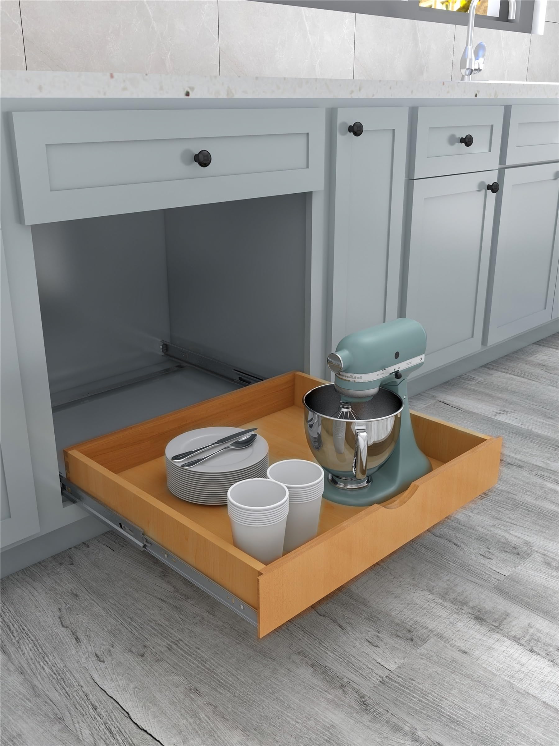 Fully Assembled Wooden Utensil Drawer Organizer - Pull-Out Under Cabinet Sliding Shelf for Kitchen, Bathroom & Vanity - Under Sink Pot Holder Drawer Organizer with Roll-Out Tray (26
