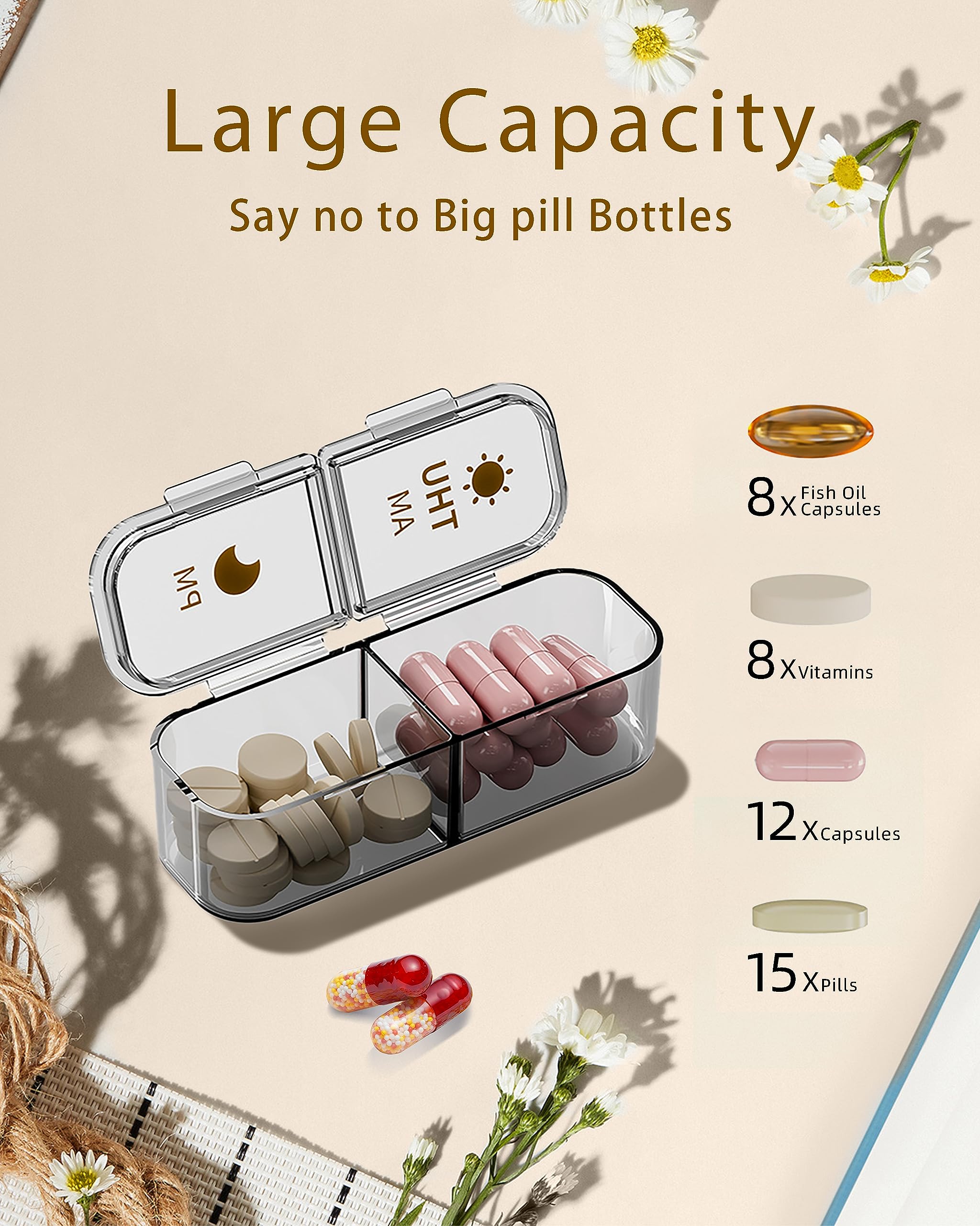 7-Day AM/PM Pill Organizer with Separate Compartments - Large Weekly Medicine Box for Vitamins, Fish Oil & Supplements | Portable Travel Pill Case (Green) - Perfect for Daily Medication Management & Travel