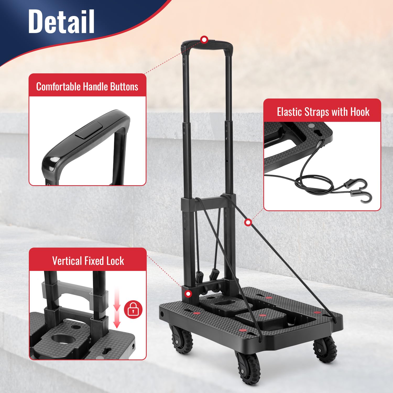 KOSTANZO Folding Hand Truck - Lightweight 4-Wheel Dolly Cart with 2 Elastic Straps, Adjustable 3-Level Handle Collapsible Luggage Cart for Travel, Office, Shopping | Portable Utility Cart for Moving Boxes, Groceries & Suitcases