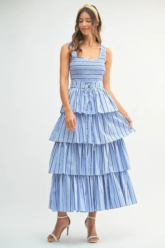Spring Pin Stripe Layered Midi Summer Dress for Women - Floral Print Casual Sundress for Beach, Vacation & Outdoor Parties