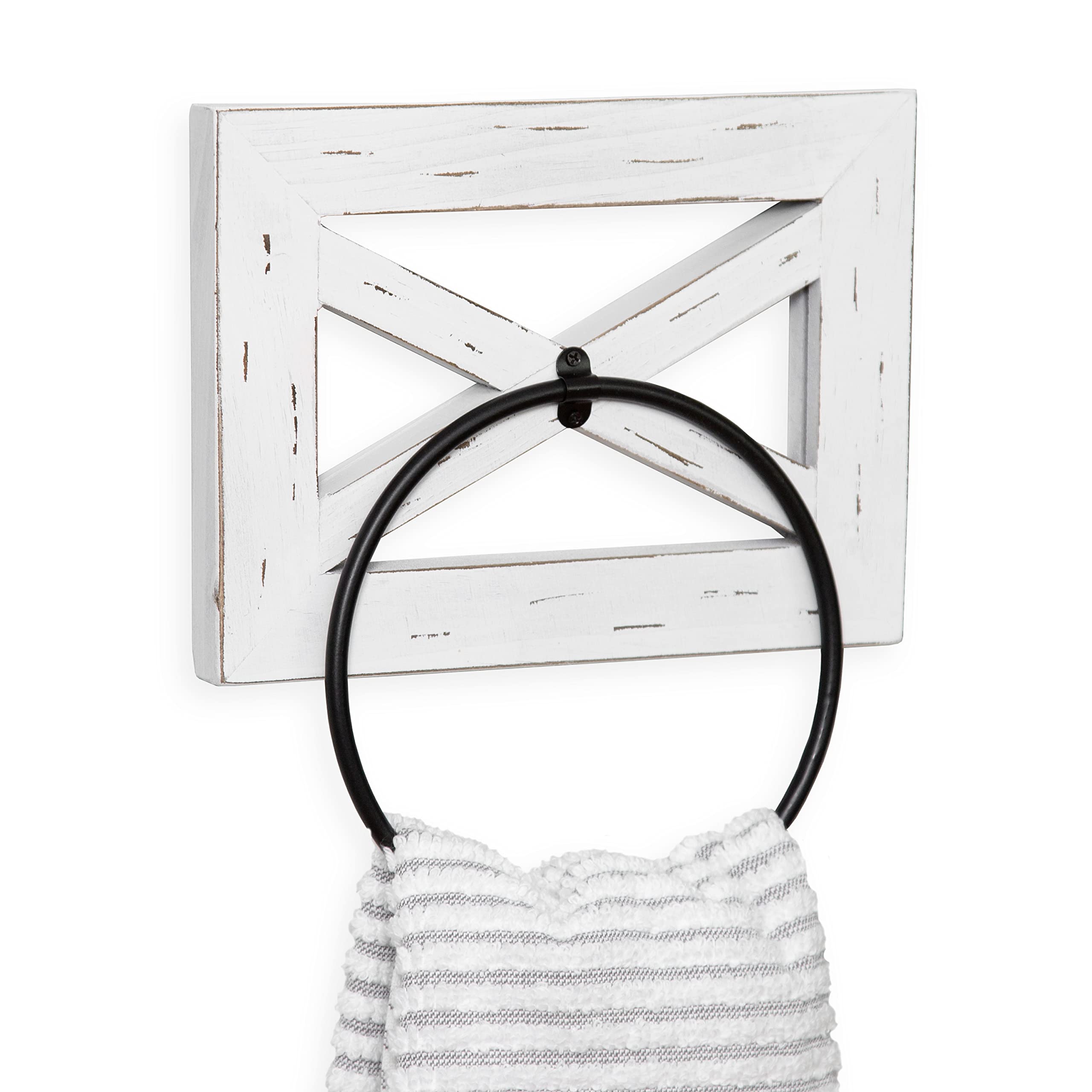 Rustic Hand Towel Ring for Bathroom - Wall Mounted Towel Holder with White Wood & Black Metal - Farmhouse Style Bath Decor - Perfect for Farmhouse, Cottage, or Vintage Style Bathrooms