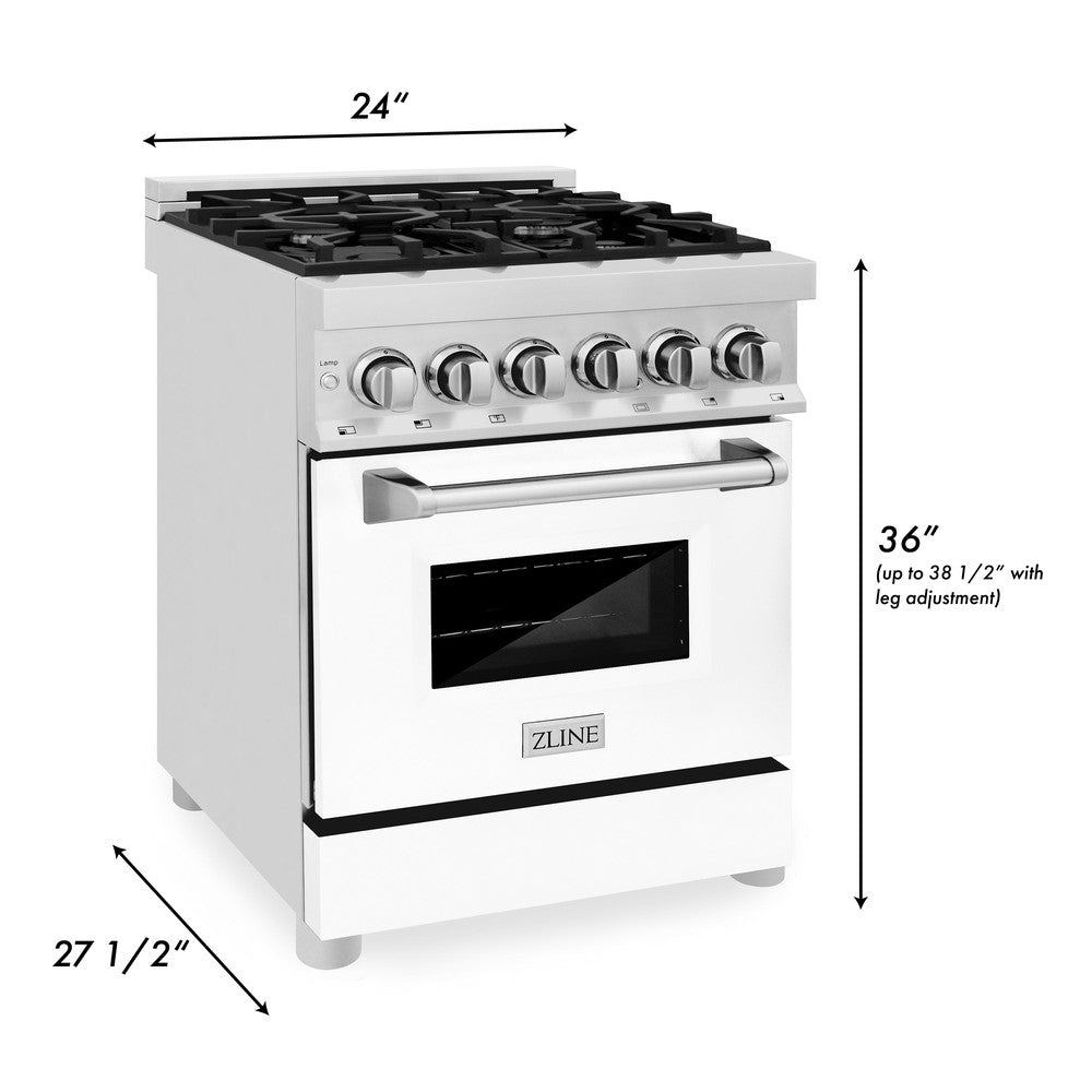 ZLINE 24-inch 2.8 cu.ft Stainless Steel Dual Fuel Range - 4 Burner Gas Cooktop & Electric Convection Oven with White Matte Door (RA WM 24) | Perfect for Modern Kitchens & Professional Cooking