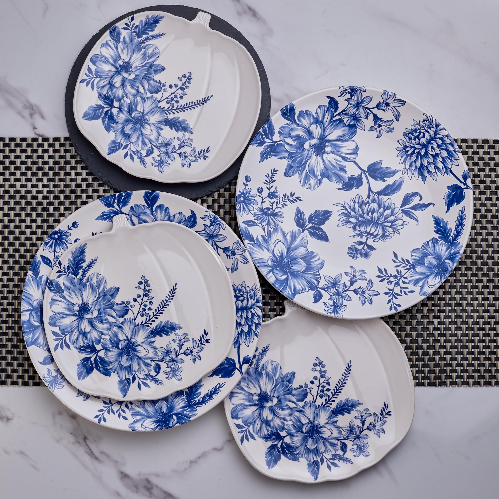 Bico Blue Floral Salad Plates Set of 4 - 8.6 Inch Decorative Dinner Plates for Salad, Appetizers, Desserts - Microwave & Dishwasher Safe - Perfect for Parties, Picnics & Everyday Dining