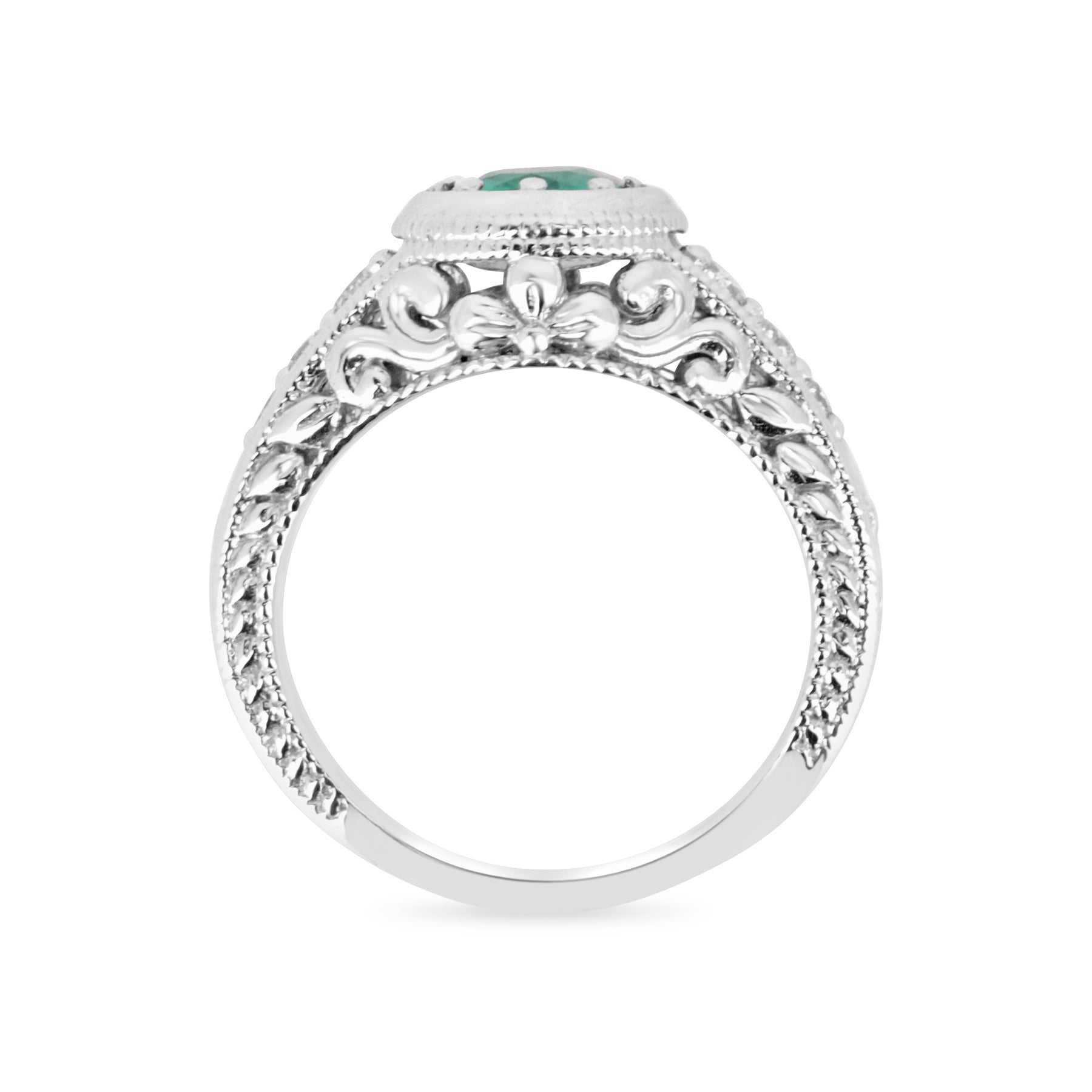 0.98tcw Vintage Scroll Handcrafted Round Emerald & Diamond Engagement Ring in 14K Gold - Perfect for Proposals, Anniversaries & Romantic Occasions