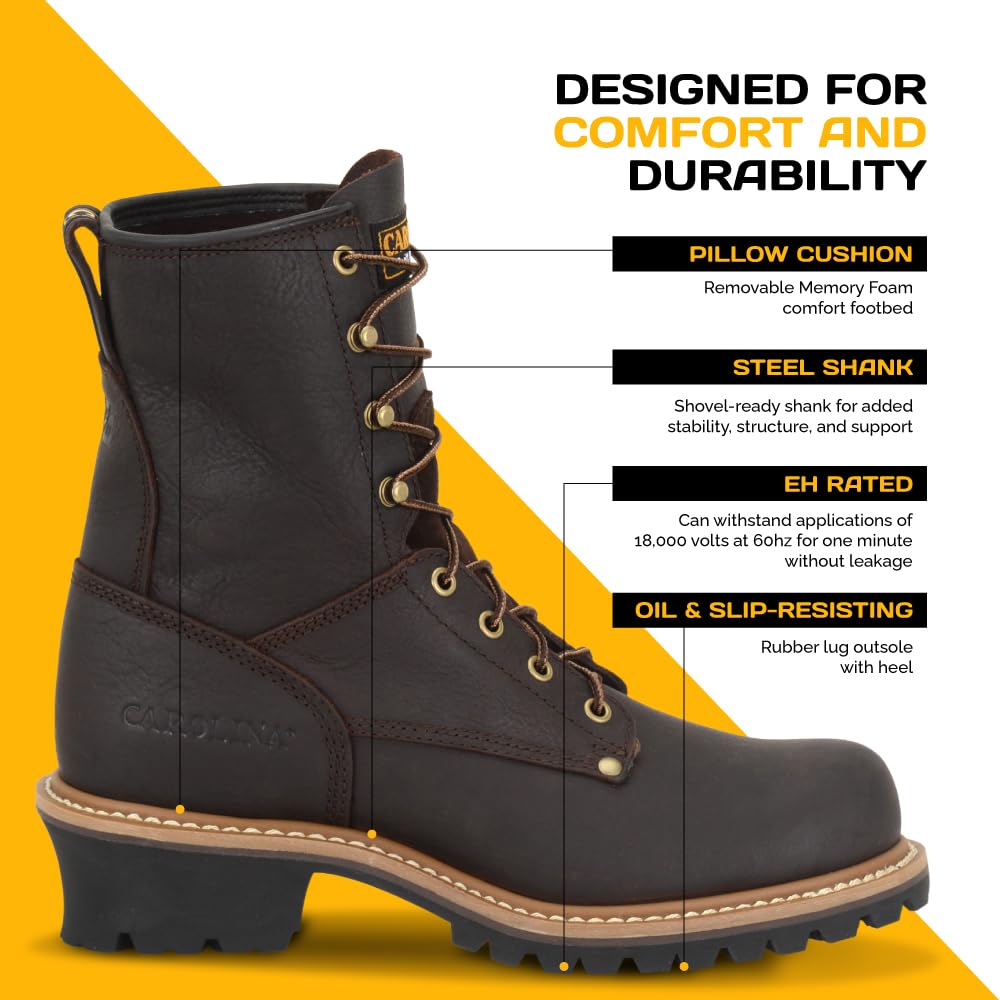 Women's Carolina Elm 8-Inch Logger Work Boots - Rugged Leather Upper, Cushioned Footbed, Oil & Slip-Resistant Outsole - EH Rated Safety Boots for Construction, Hiking & Outdoor Work