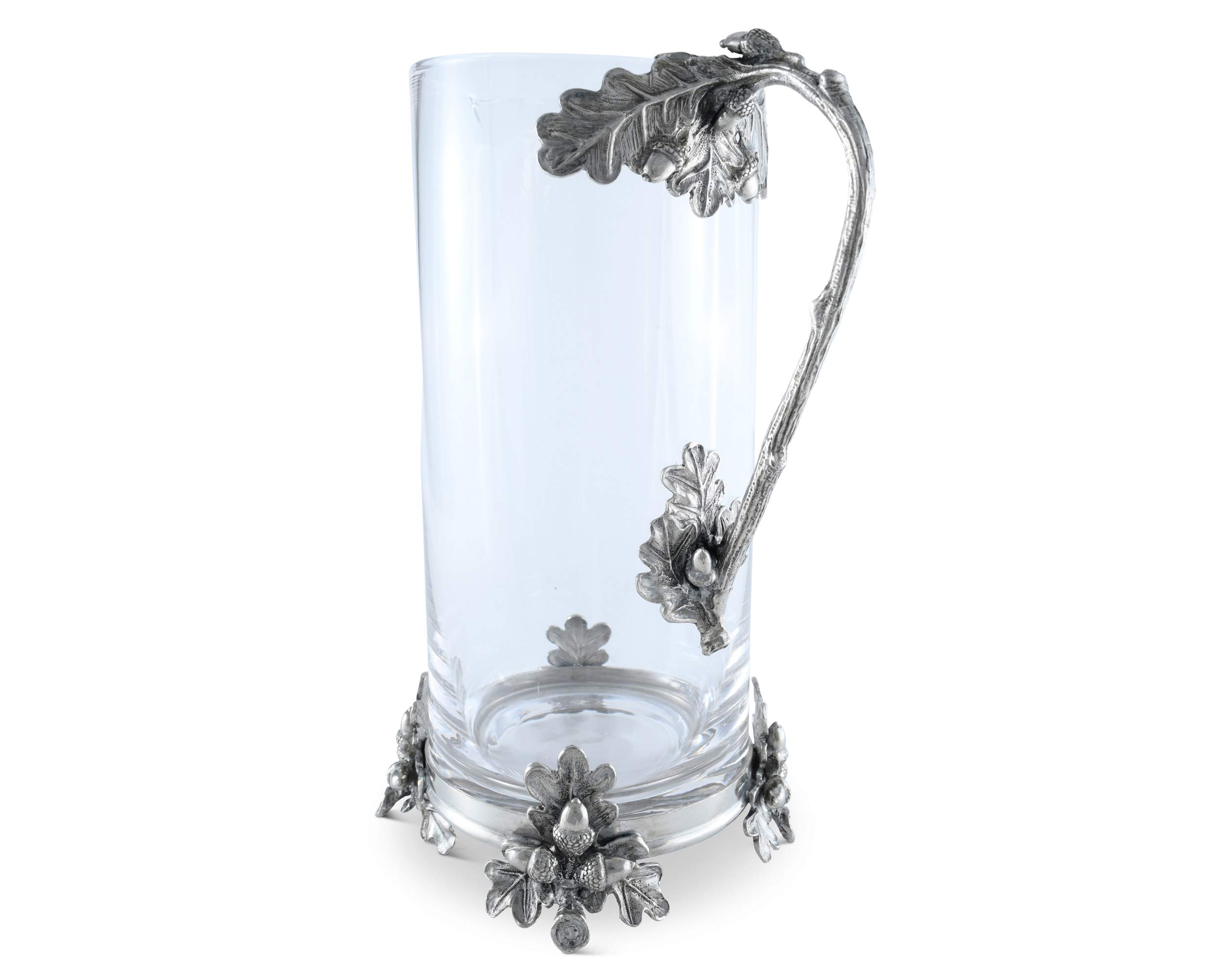 Vagabond House 52 oz Glass Pitcher with Pewter Acorn & Oak Leaf Handle - Perfect for Cold Water, Iced Tea, Juice & Beverages - 10.25 Inch Tall Elegant Serving Pitcher for Parties, Dining & Outdoor Gatherings