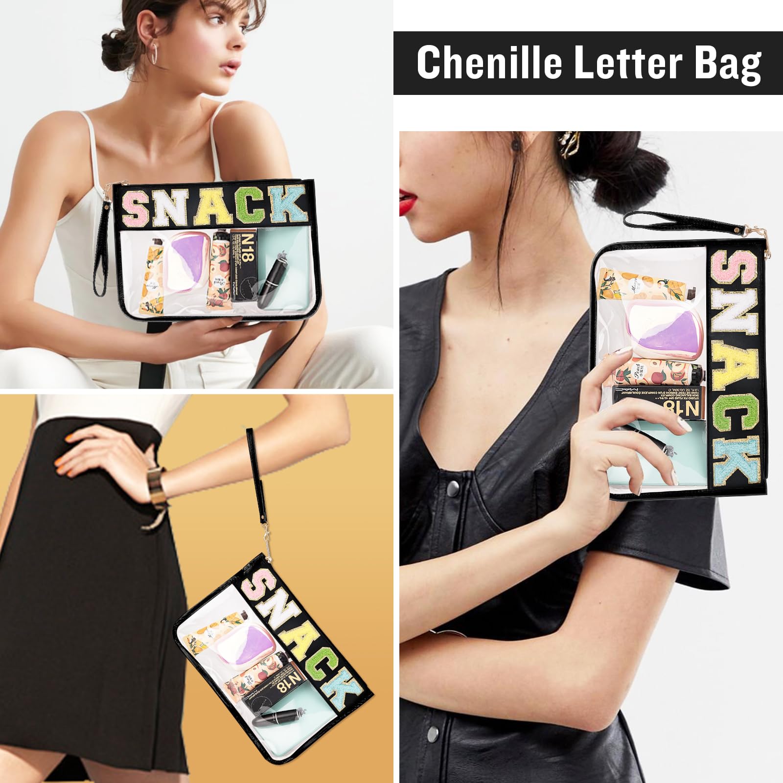 Monogrammed Chenille Letter Clear PVC & PU Zipper Pouch with Wristlet - Waterproof Glitter Snack Bag, Makeup Pouch & Toiletry Organizer for Women & Girls (Black) - Perfect for School Lunches, Beach Trips & Travel Accessories