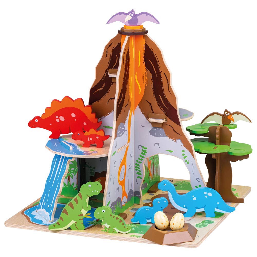 Bigjigs Toys Wooden Dinosaur Island Playset - Complete Prehistoric Toy Set with Volcano & Trees for Kids, Educational STEM Learning & Imaginative Play
